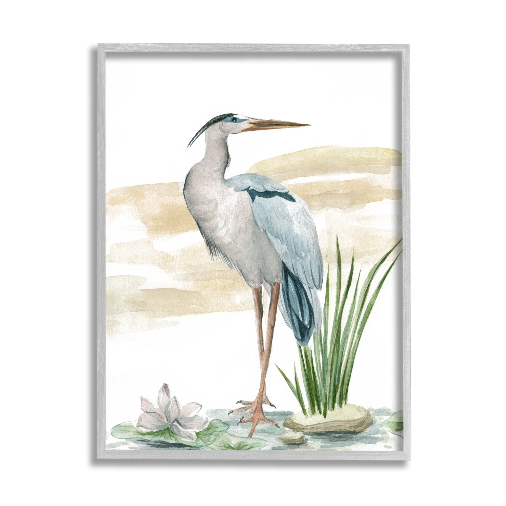 Stupell Industries Heron & Lotus Flower Animals & Insects Painting Gray Framed Art Print Wall Art, 24 x 30