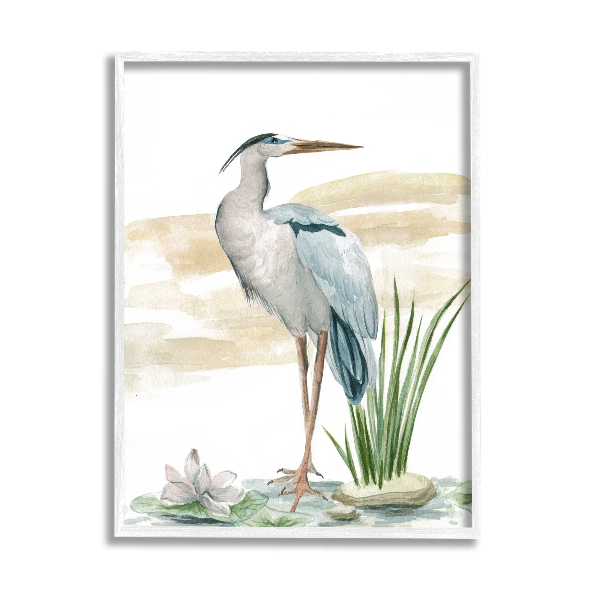 Stupell Industries Heron & Lotus Flower Animals & Insects Painting White Framed Art Print Wall Art, 24 x 30