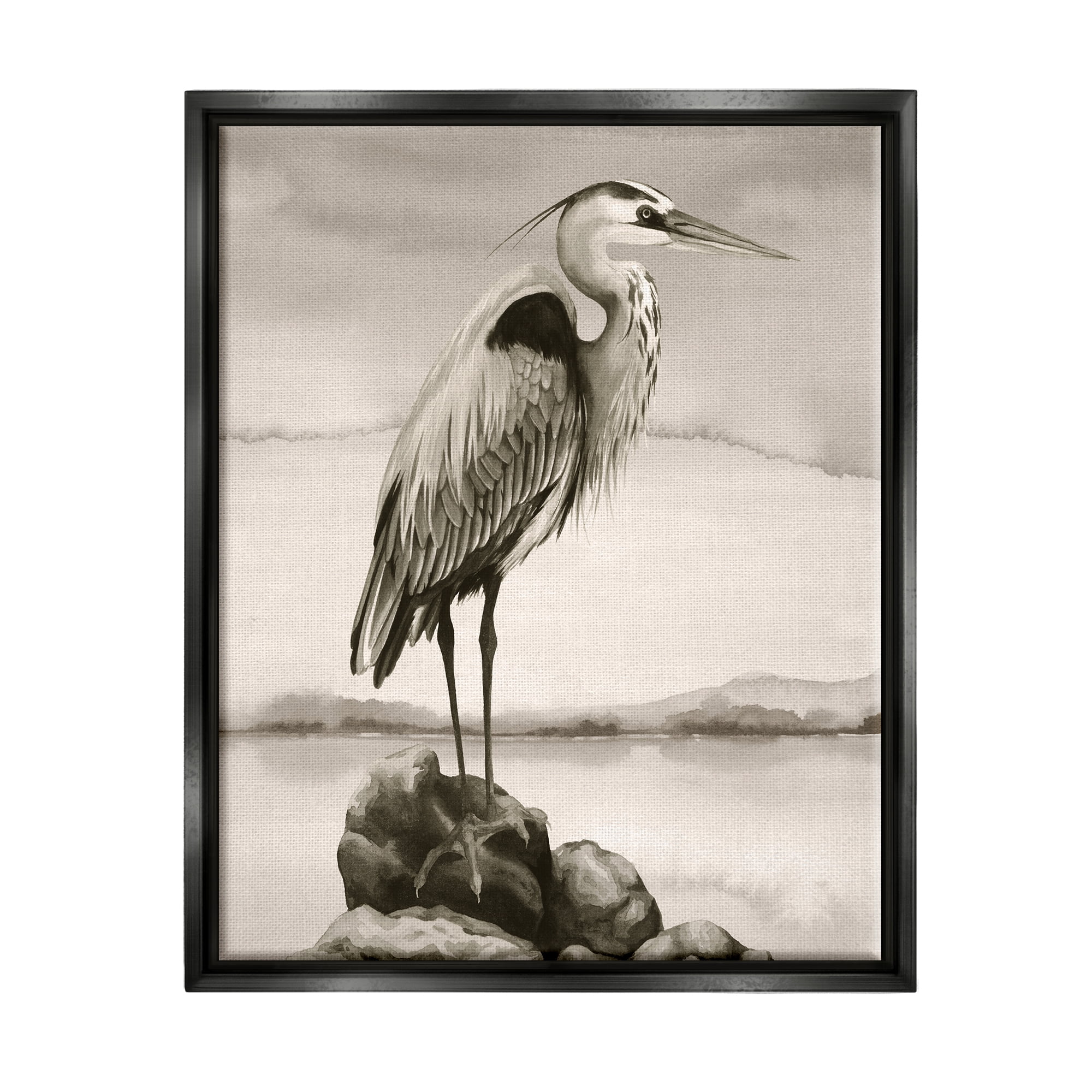 Stupell Industries Heron Perched at Sea Animals & Insects Painting Black Floater Framed Canvas Art Print Wall Art, 17 x 21