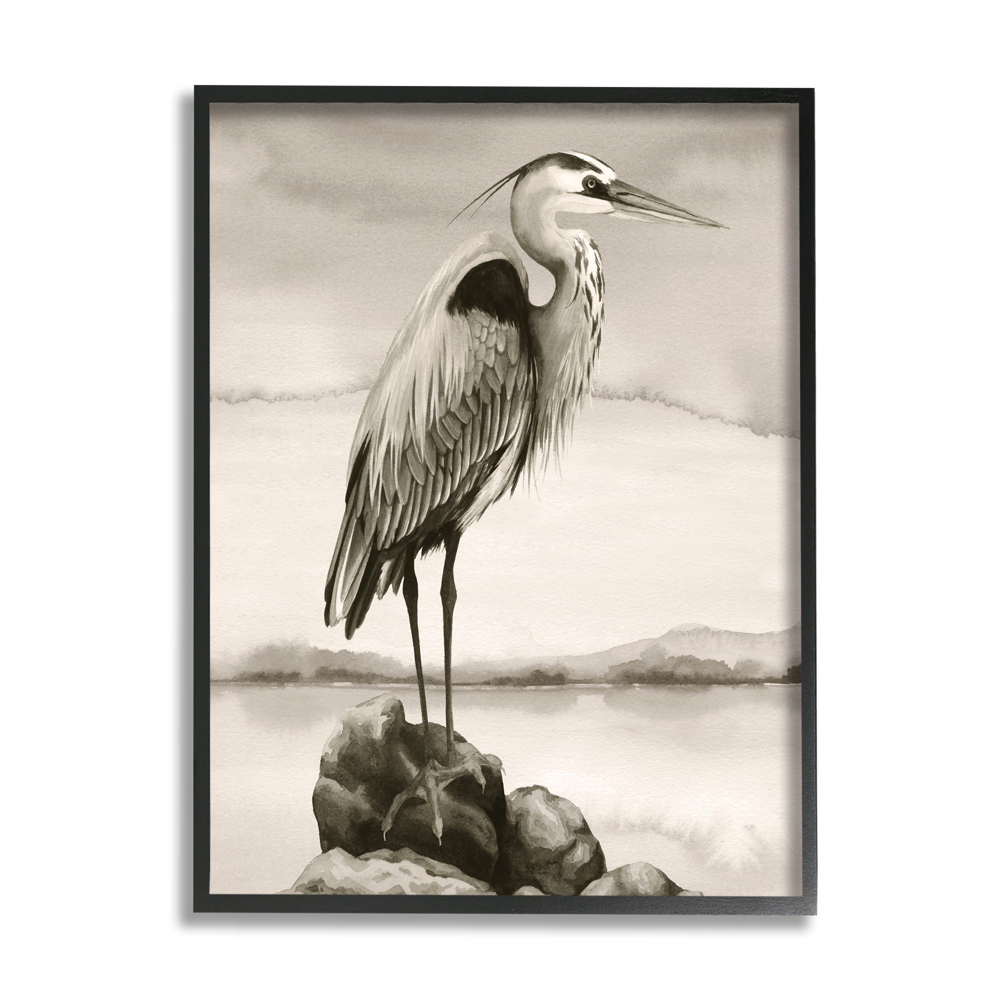 Stupell Industries Heron Perched at Sea Animals & Insects Painting Black Framed Art Print Wall Art, 24 x 30