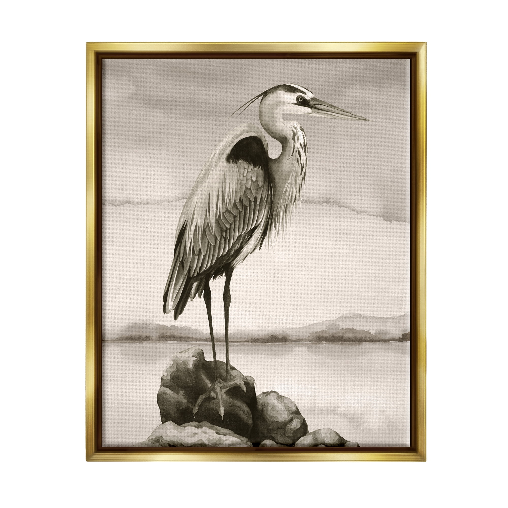 Stupell Industries Heron Perched at Sea Animals & Insects Painting Gold Floater Framed Canvas Art Print Wall Art, 25 x 31
