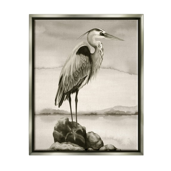 Stupell Industries Heron Perched at Sea Animals & Insects Painting Gray Floater Framed Canvas Art Print Wall Art, 17 x 21