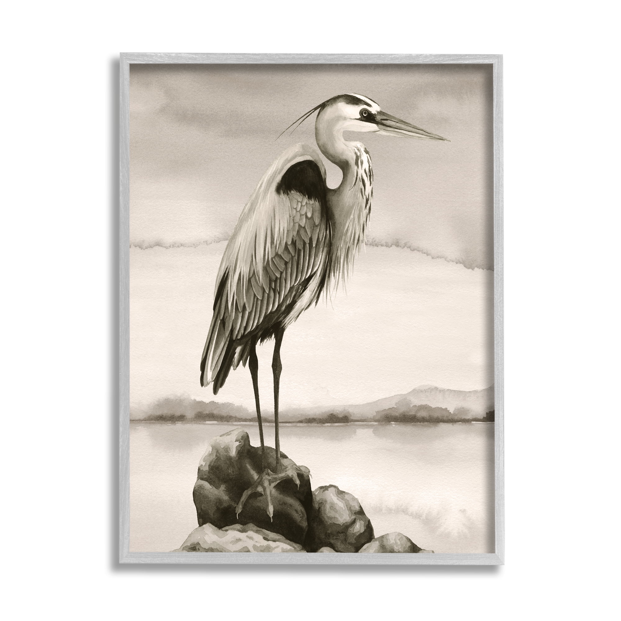 Stupell Industries Heron Perched at Sea Animals & Insects Painting Gray Framed Art Print Wall Art, 24 x 30