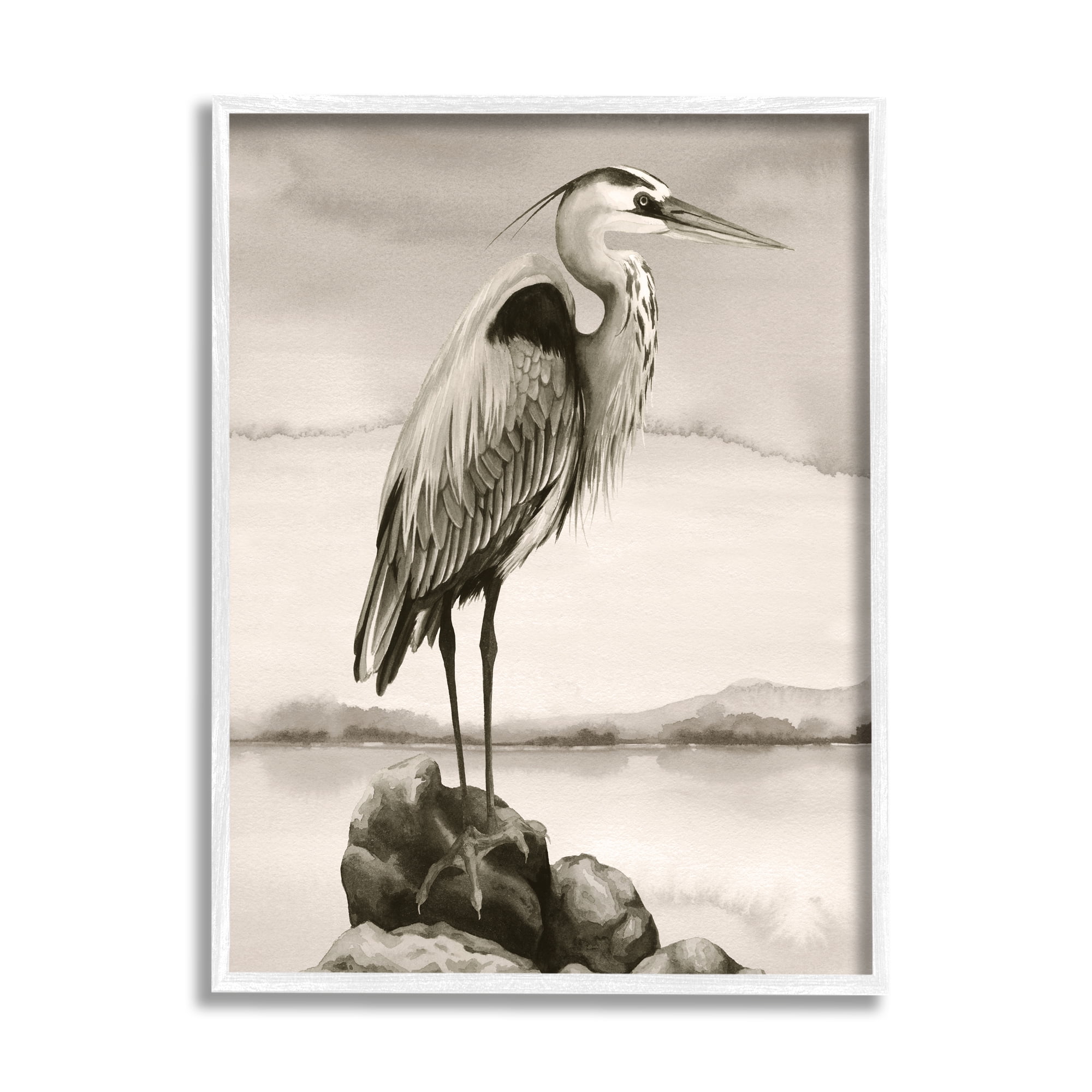 Stupell Industries Heron Perched at Sea Animals & Insects Painting White Framed Art Print Wall Art, 24 x 30