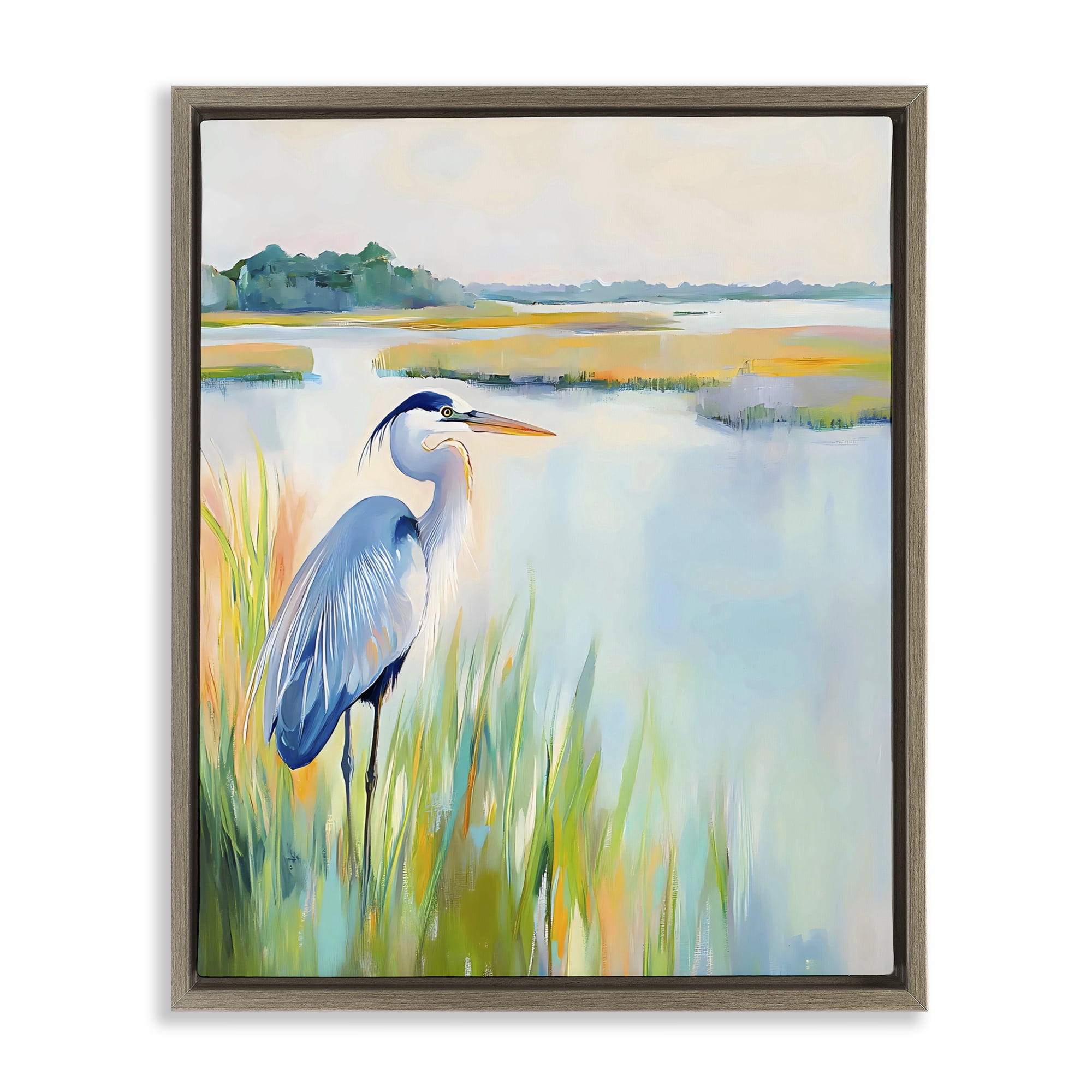 Stupell Industries Heron Perched in the Grass Brown Framed Floater Canvas Wall Art, design by Creative Studio