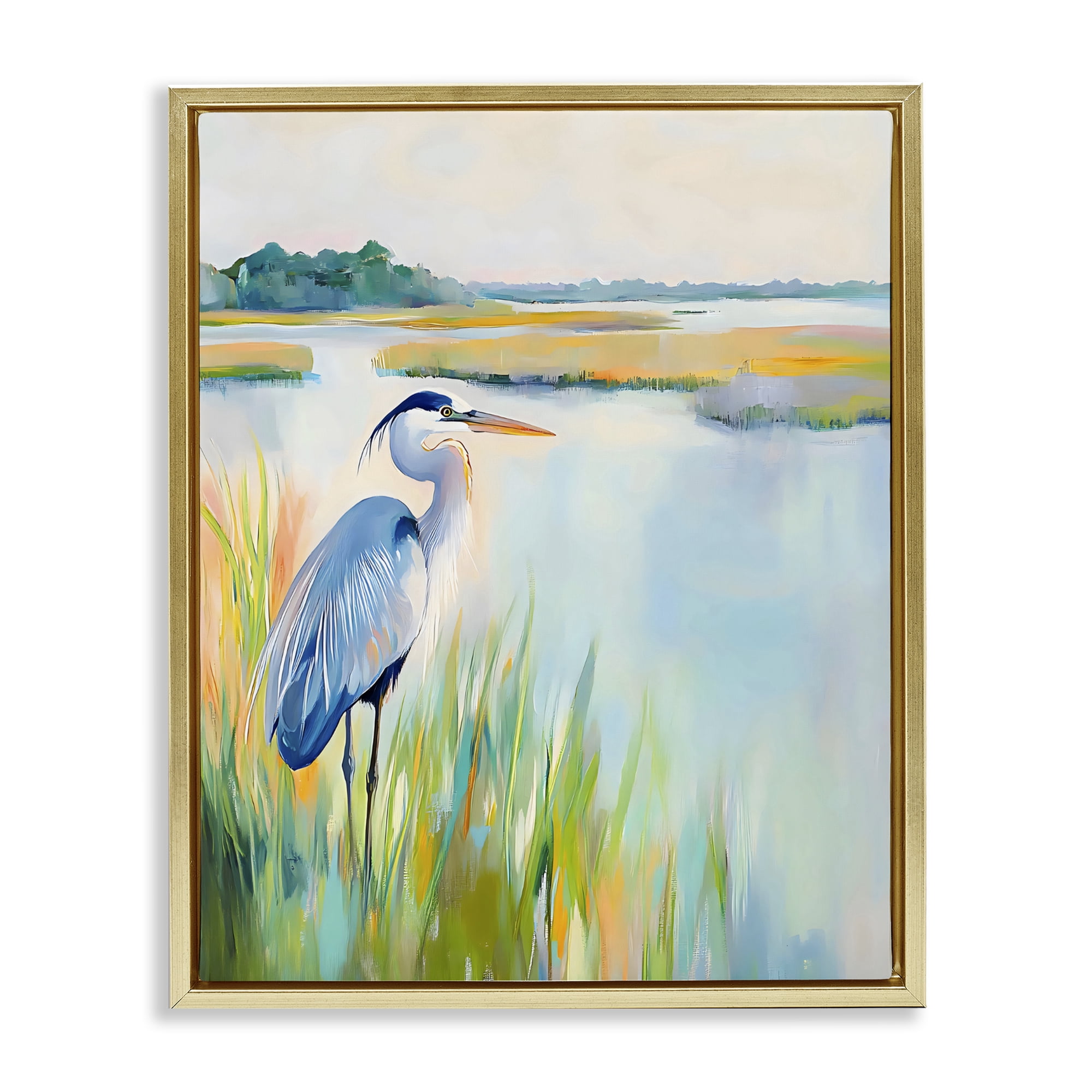 Stupell Industries Heron Perched in the Grass Gold Framed Floater Canvas Wall Art, design by Creative Studio