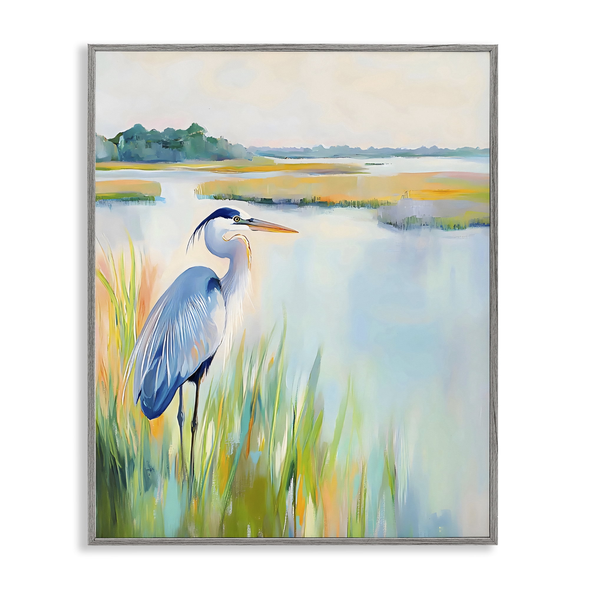 Stupell Industries Heron Perched in the Grass Gray Framed Giclee Art, design by Creative Studio