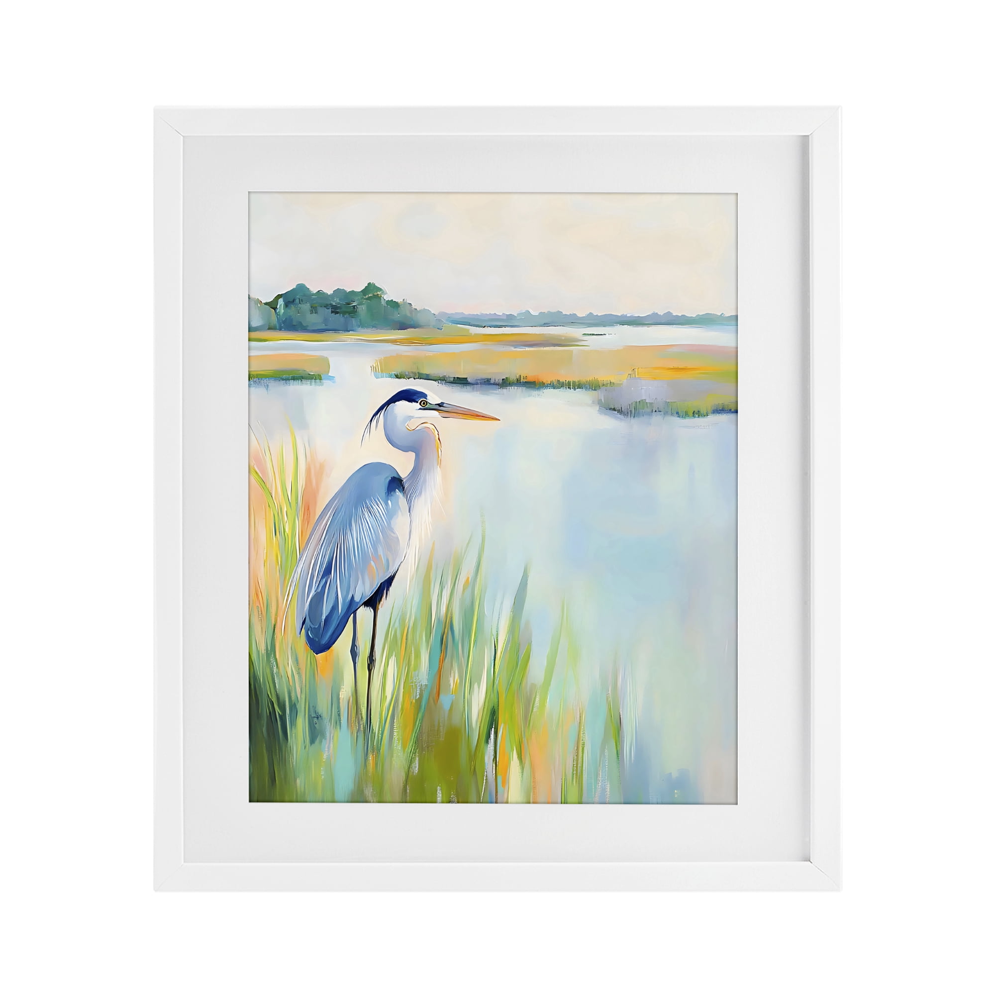 Stupell Industries Heron Perched in the Grass White Framed Print Under Glass, design by Creative Studio