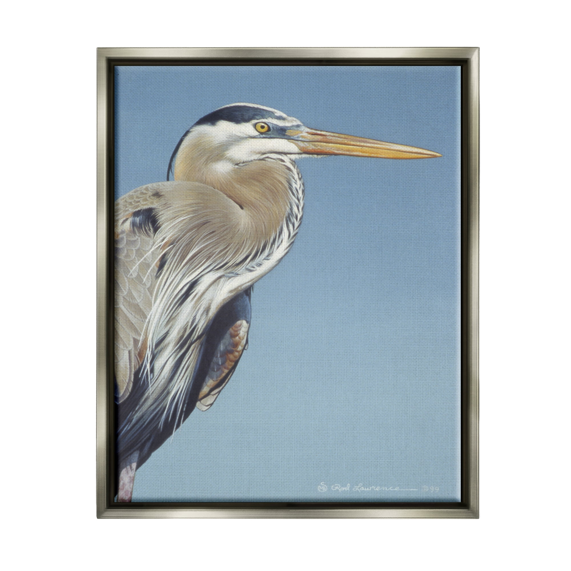Stupell Industries Heron Portrait on Blue Animals & Insects Painting Gray Floater Framed Canvas Art Print Wall Art, 25 x 31
