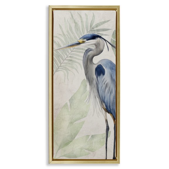 Stupell Industries Heron Portrait over Plants Gold Framed Floater Canvas Wall Art design by Kim Allen, 25 x 11