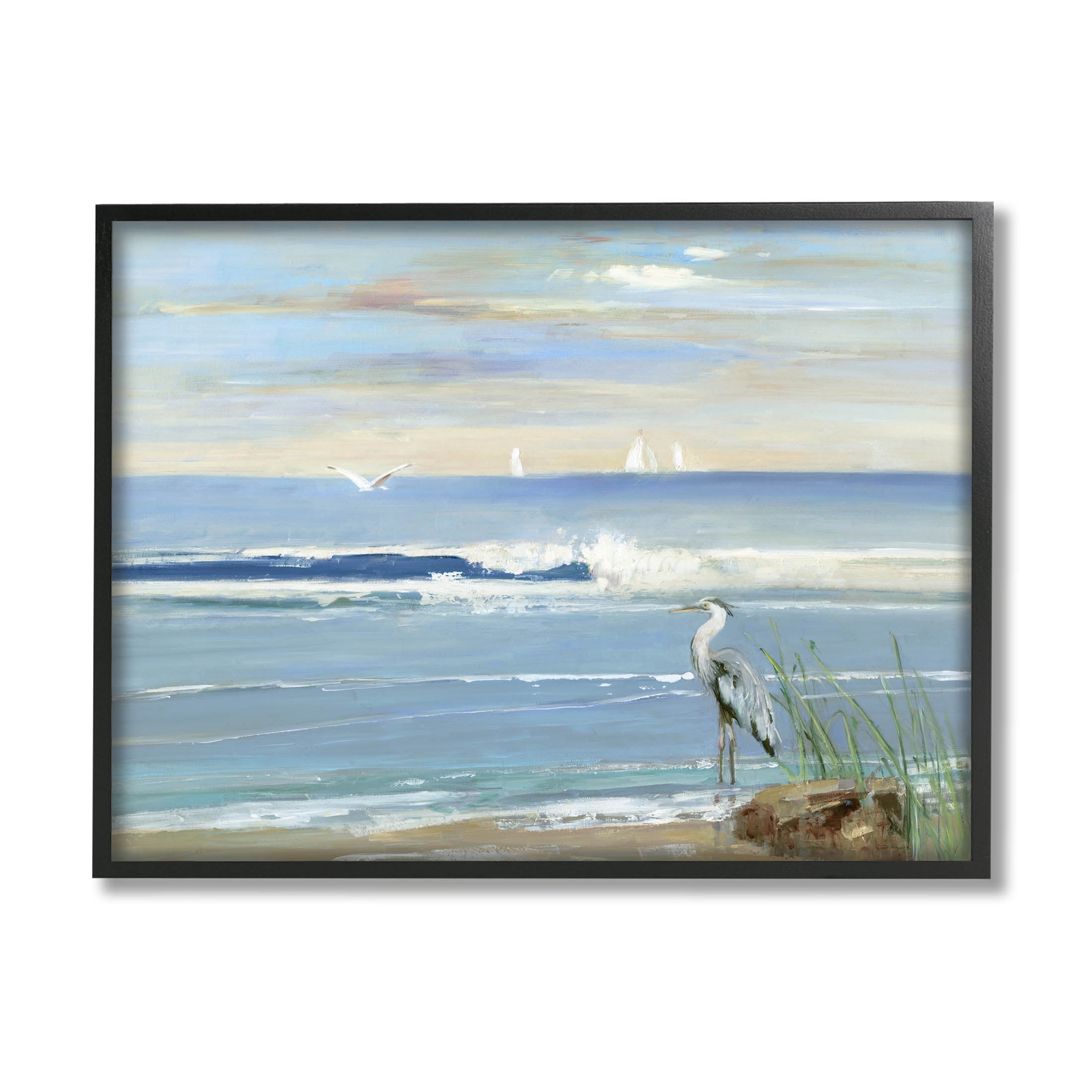Stupell Industries Heron Splashing Beach Waves Painting Black Framed ...