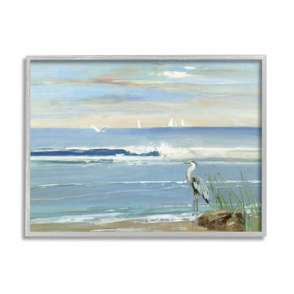 Stupell Industries Heron Splashing Beach Waves Painting Gray Framed Art Print Wall Art, Design by Sally Swatland