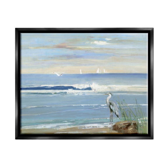Stupell Industries Heron Splashing Beach Waves Painting Jet Black Floating Framed Canvas Print Wall Art, Design by Sally Swatland