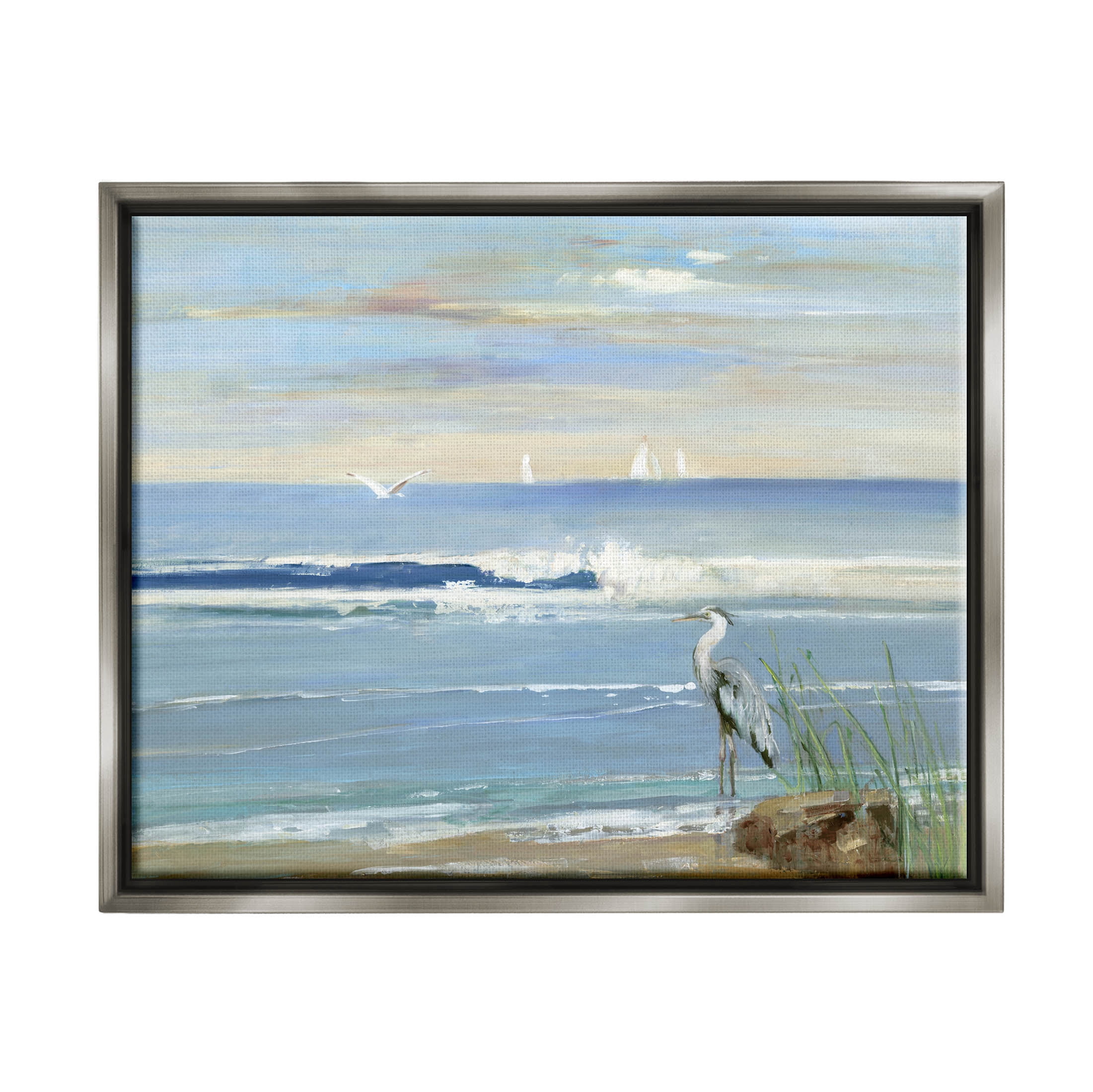 Stupell Industries Heron Splashing Beach Waves Painting Luster Gray Floating Framed Canvas Print Wall Art, Design by Sally Swatland