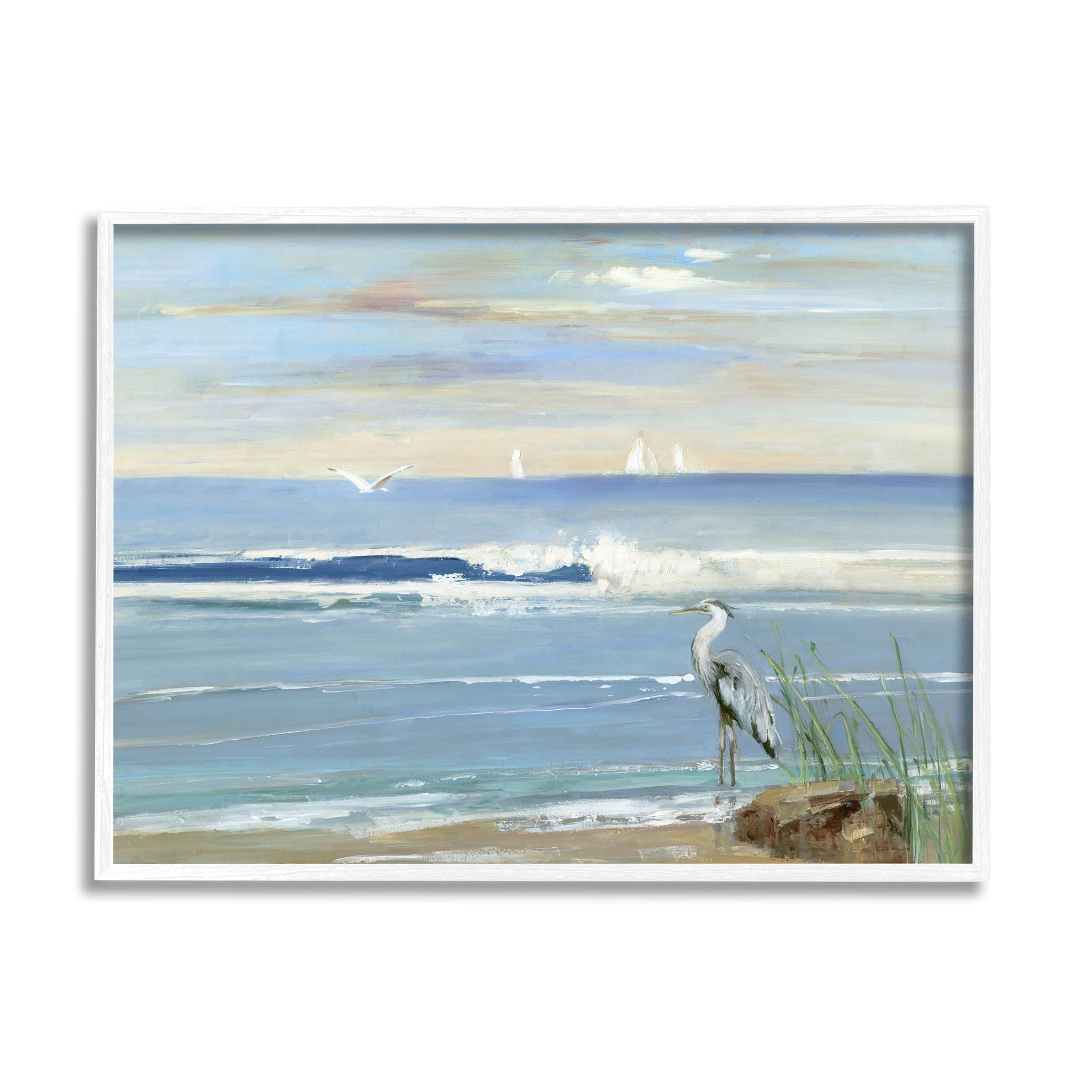 Stupell Industries Heron Splashing Beach Waves Painting White Framed Art Print Wall Art, Design by Sally Swatland