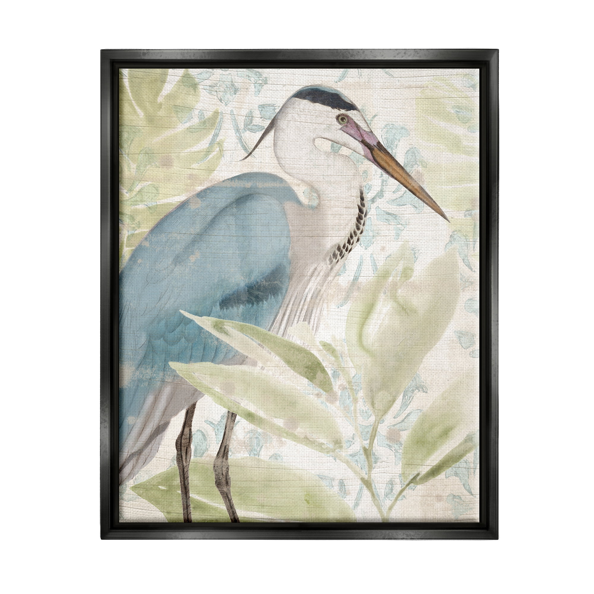 Stupell Industries Heron & Tropical Leaves Animals & Insects Painting Black Floater Framed Canvas Art Print Wall Art, 17 x 21