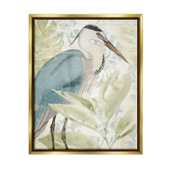 Stupell Industries Heron & Tropical Leaves Animals & Insects Painting Gold Floater Framed Canvas Art Print Wall Art, 25 x 31