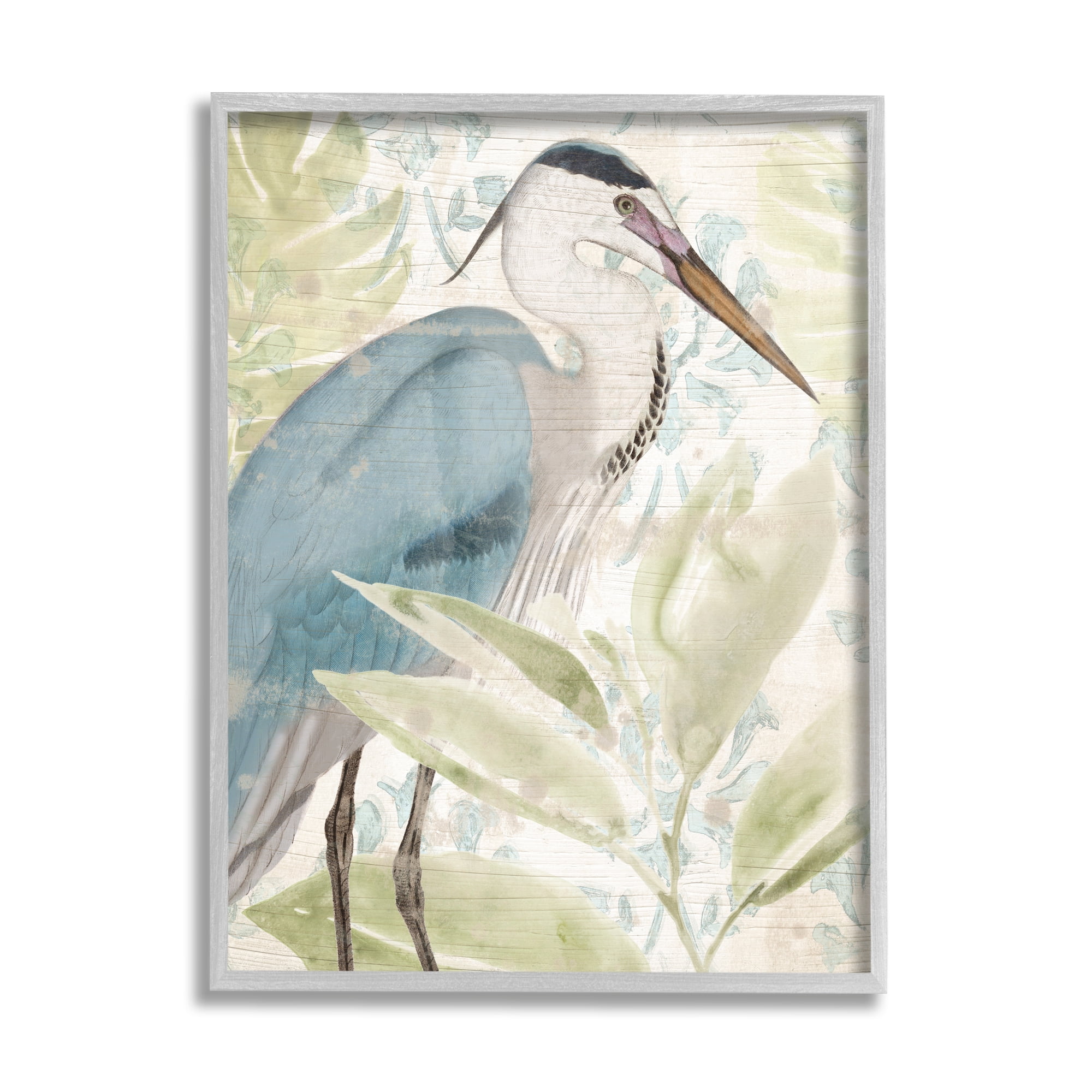 Stupell Industries Heron & Tropical Leaves Animals & Insects Painting Gray Framed Art Print Wall Art, 11 x 14
