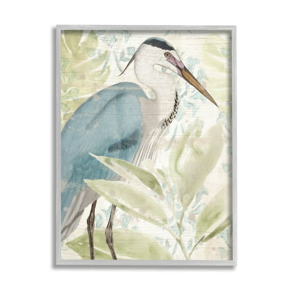 Stupell Industries Heron & Tropical Leaves Animals & Insects Painting Gray Framed Art Print Wall Art, 24 x 30