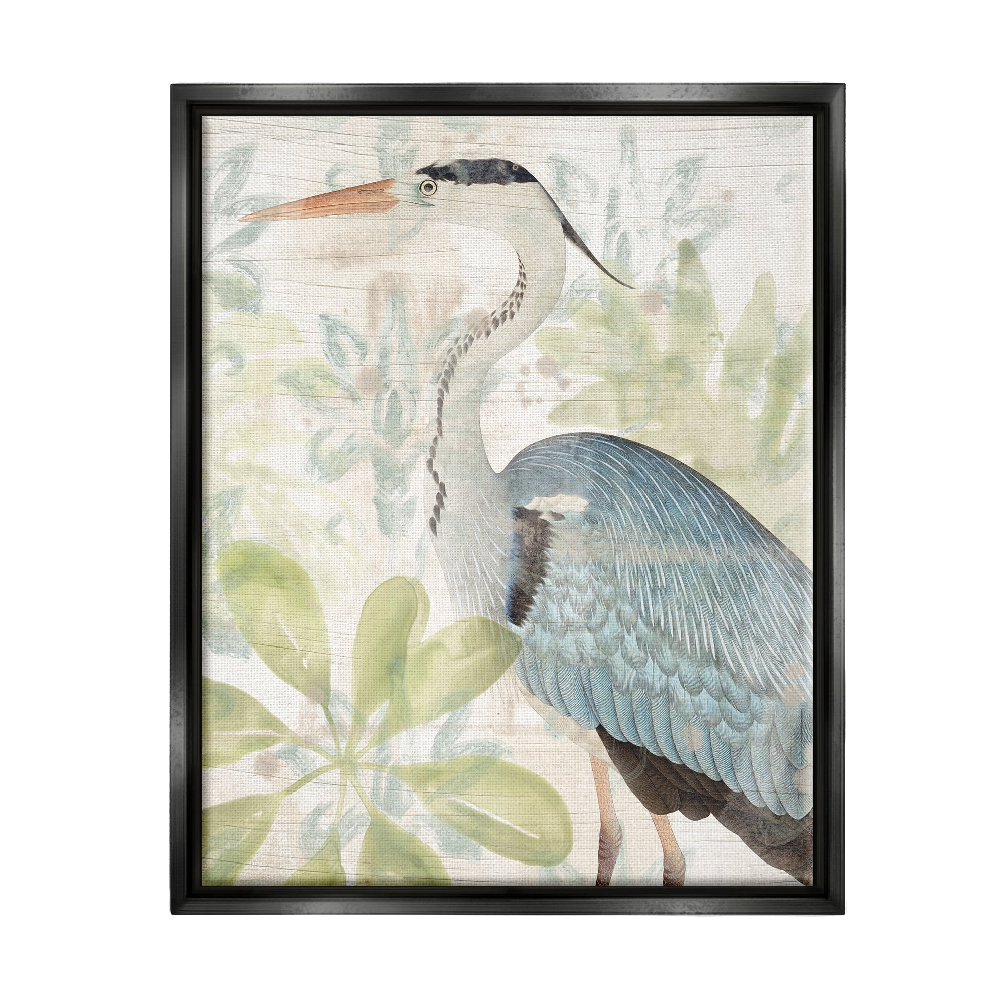 Stupell Industries Heron & Tropical Plants Animals & Insects Painting Black Floater Framed Canvas Art Print Wall Art, 25 x 31