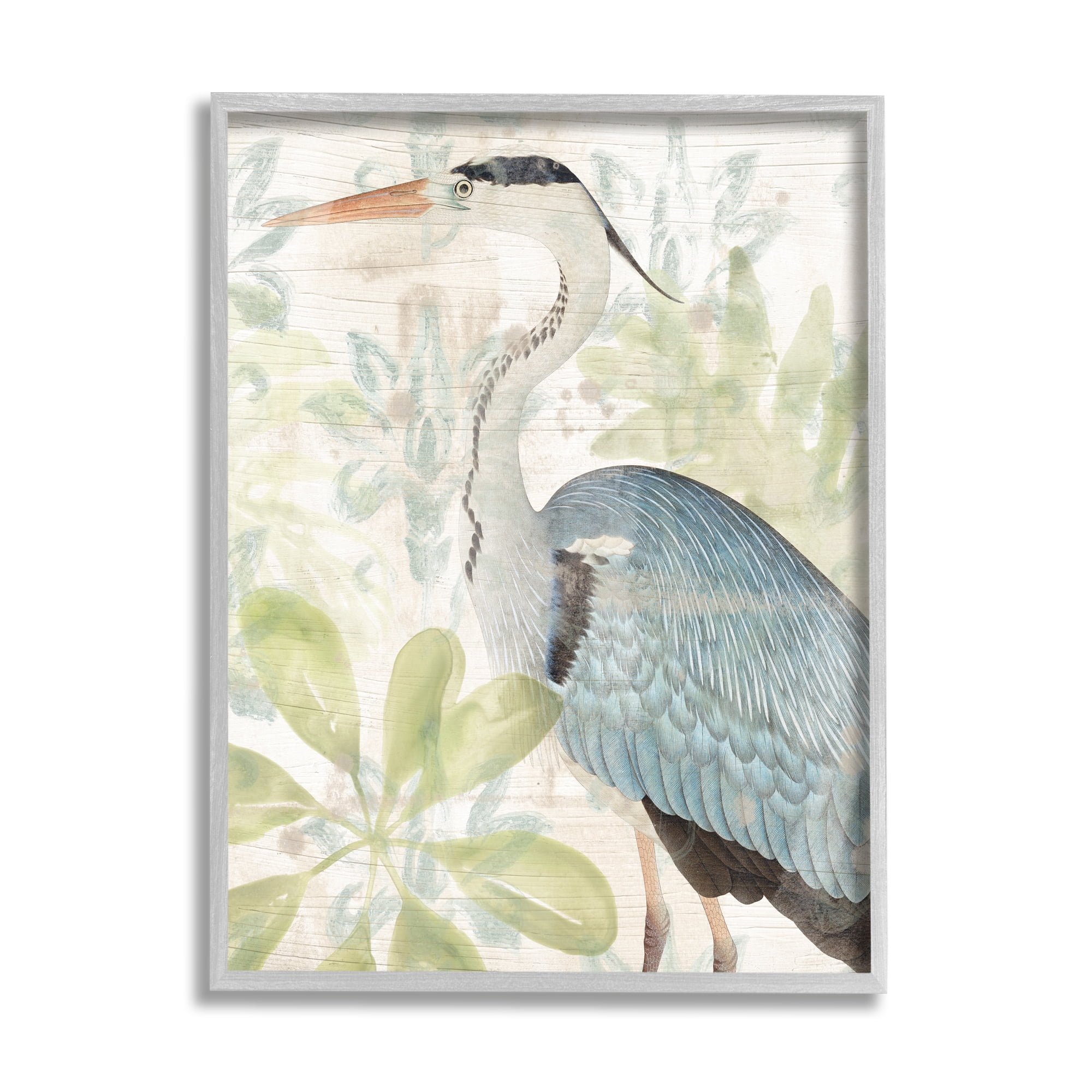 Stupell Industries Heron & Tropical Plants Animals & Insects Painting Gray Framed Art Print Wall Art, 24 x 30