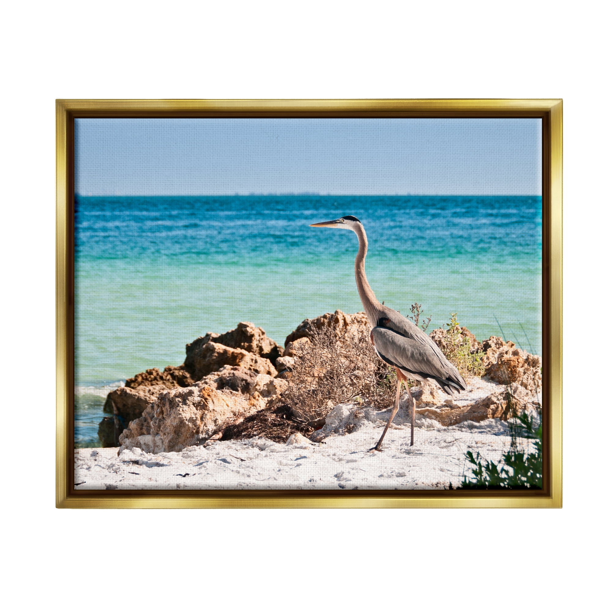 Stupell Industries Heron Watching Ocean Animals & Insects Photography Gold Floater Framed Canvas Art Print Wall Art, 21 x 17