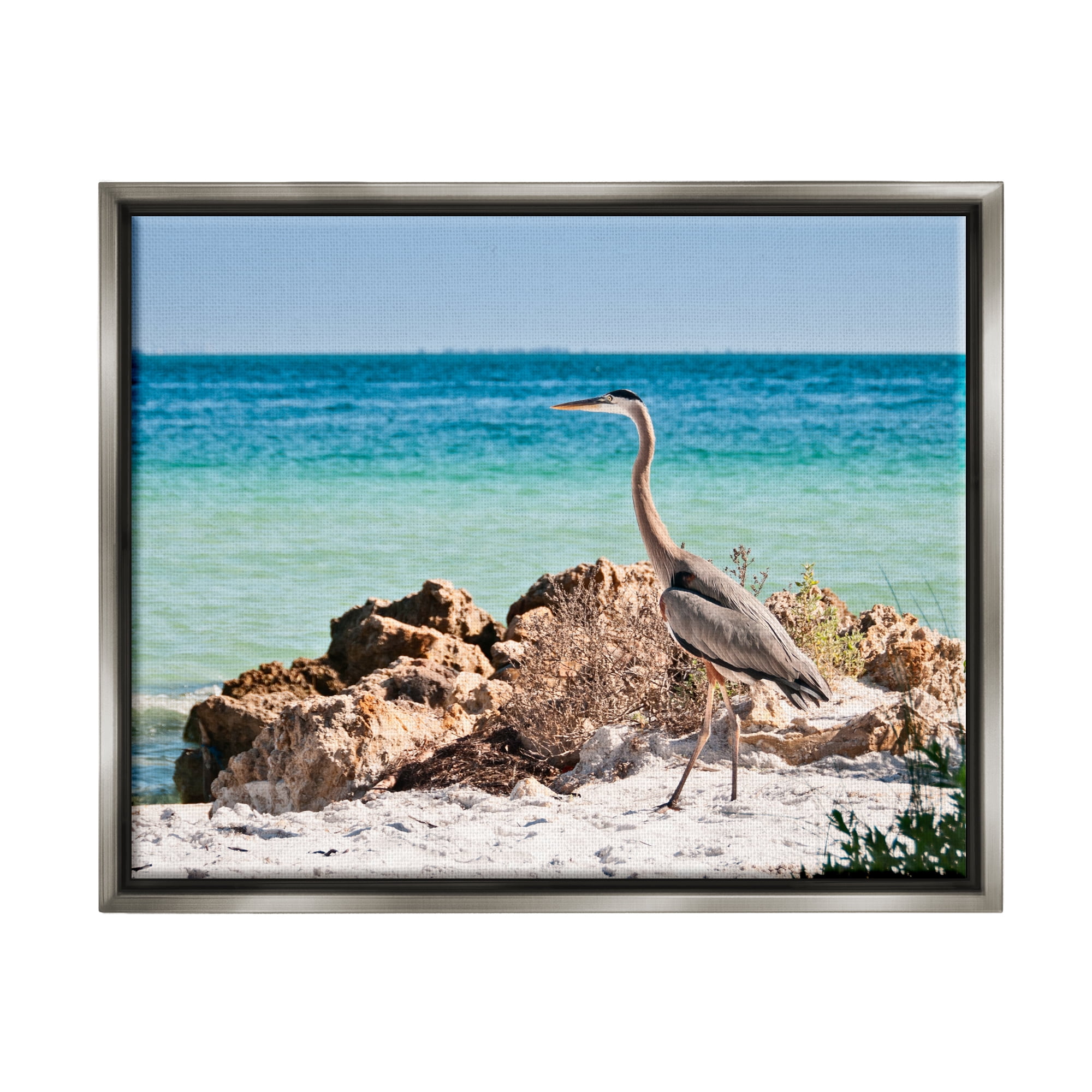 Stupell Industries Heron Watching Ocean Animals & Insects Photography Gray Floater Framed Canvas Art Print Wall Art, 31 x 25