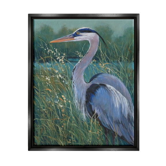Stupell Industries Heron at Lake Painting Animals & Insects Painting Black Floater Framed Canvas Art Print Wall Art, 17 x 21