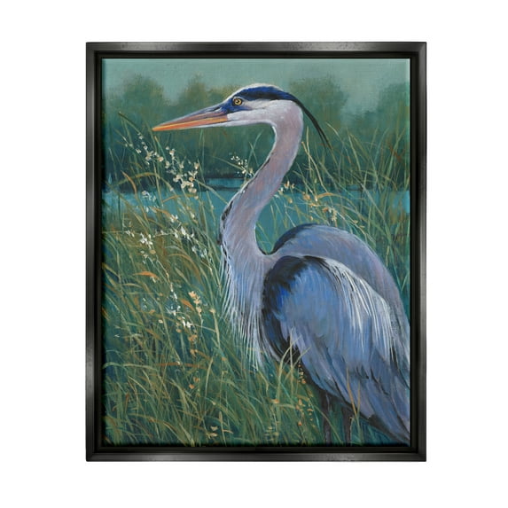 Stupell Industries Heron at Lake Painting Animals & Insects Painting Black Floater Framed Canvas Art Print Wall Art, 25 x 31