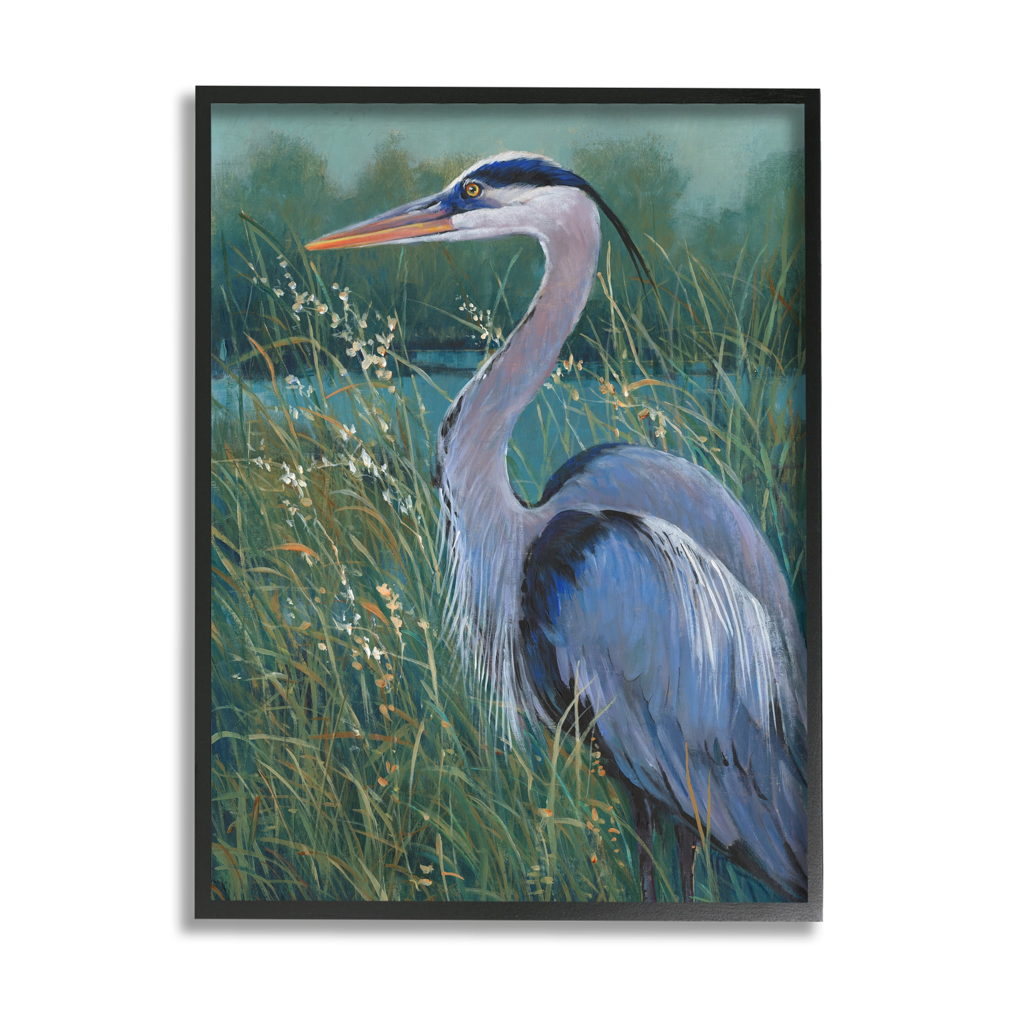 Stupell Industries Heron at Lake Painting Animals & Insects Painting Black Framed Art Print Wall Art, 24 x 30