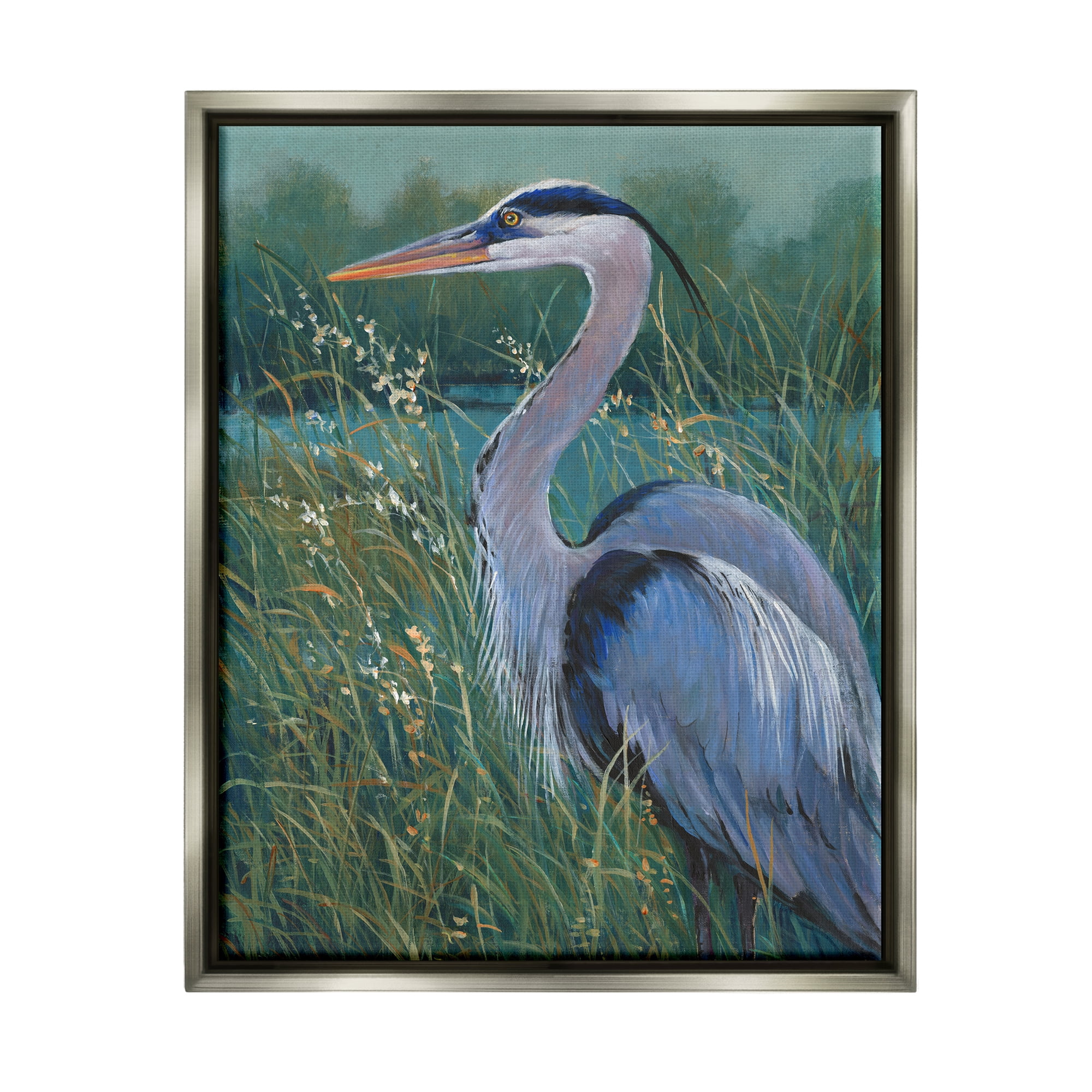 Stupell Industries Heron at Lake Painting Animals & Insects Painting Gray Floater Framed Canvas Art Print Wall Art, 25 x 31