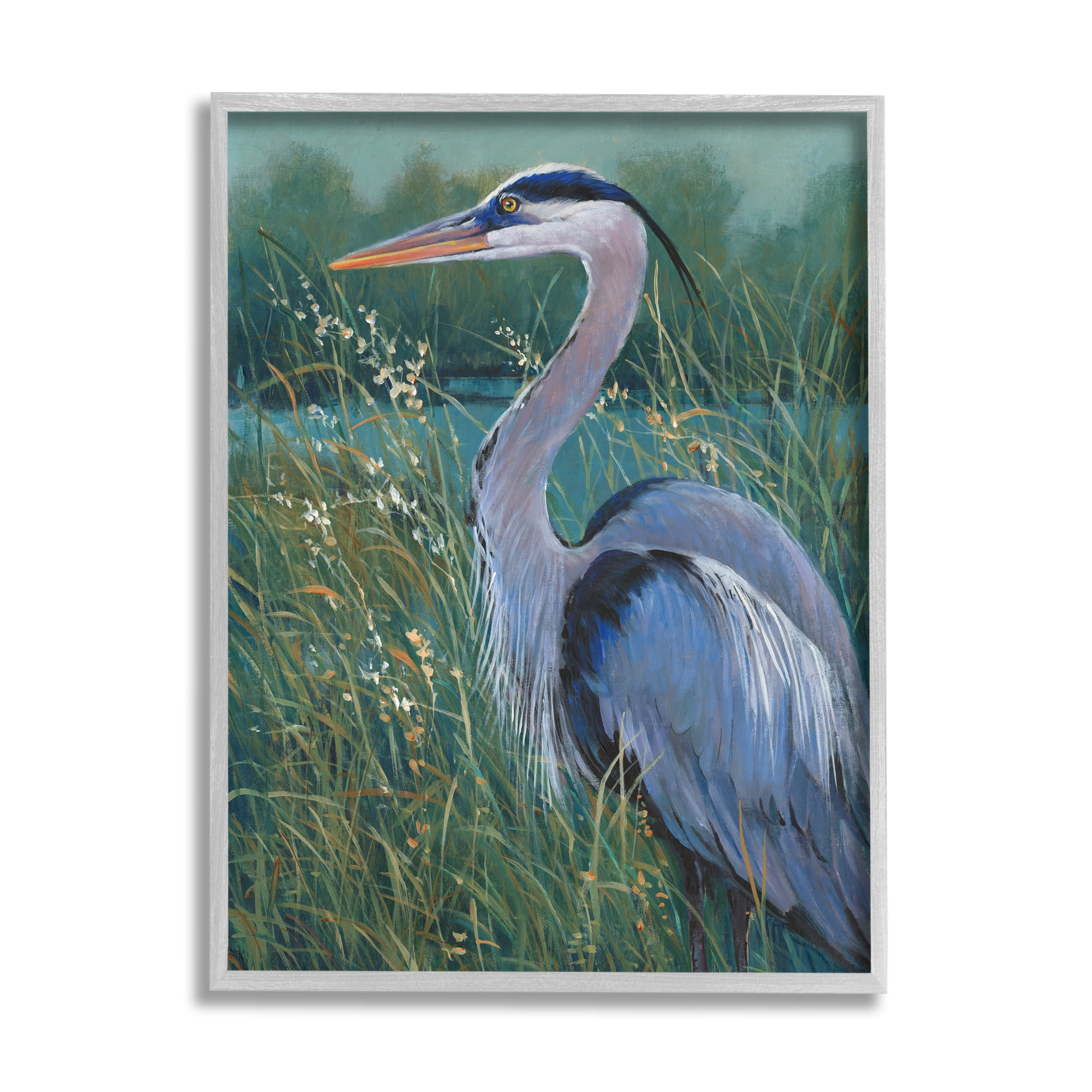 Stupell Industries Heron at Lake Painting Animals & Insects Painting Gray Framed Art Print Wall Art, 24 x 30