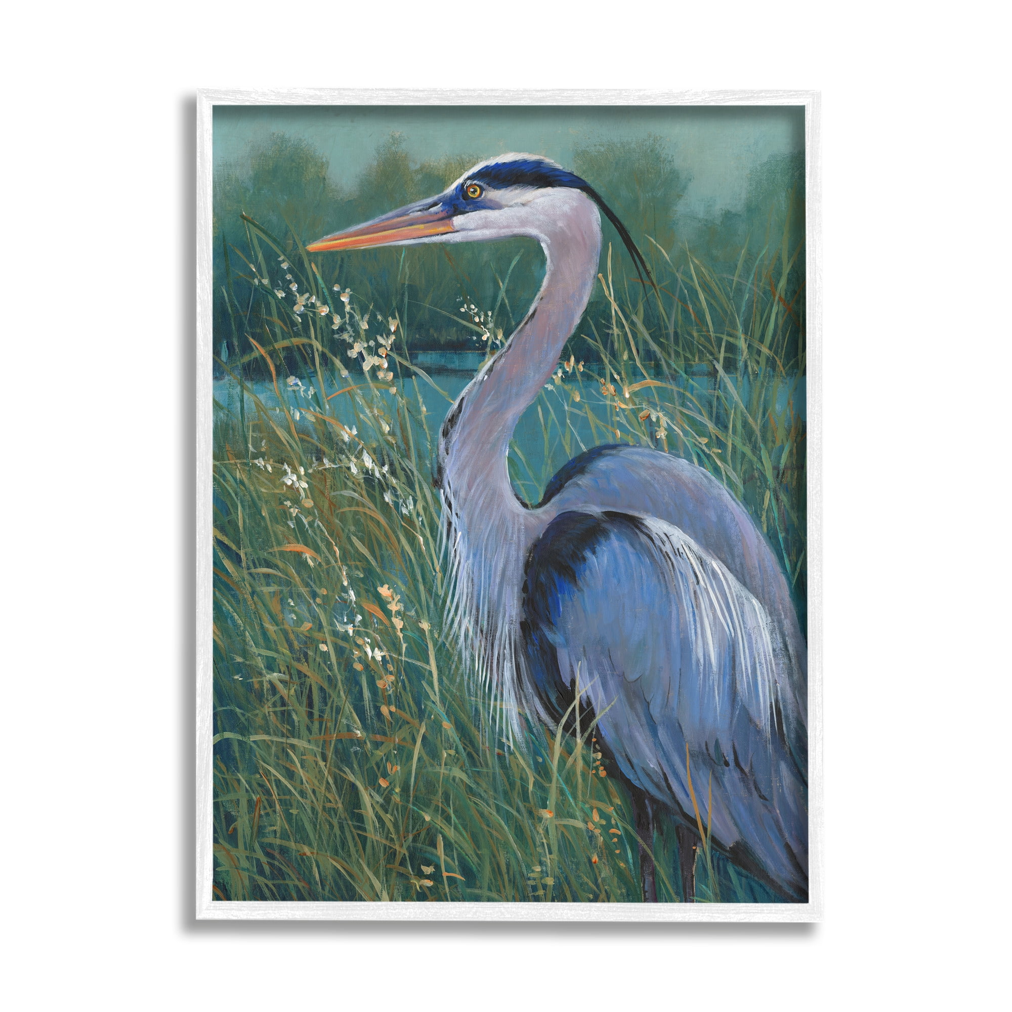Stupell Industries Heron at Lake Painting Animals & Insects Painting White Framed Art Print Wall Art, 11 x 14