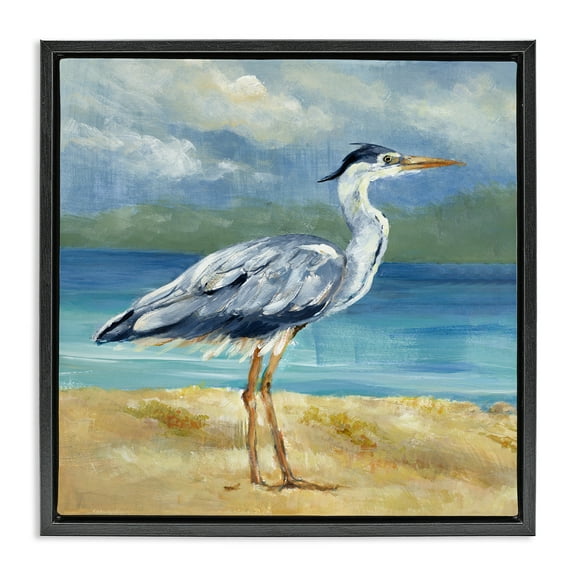 Stupell Industries Heron by the Sea Nautical & Beach Painting Black Floater Framed Canvas Art Print Wall Art, 18 x 18