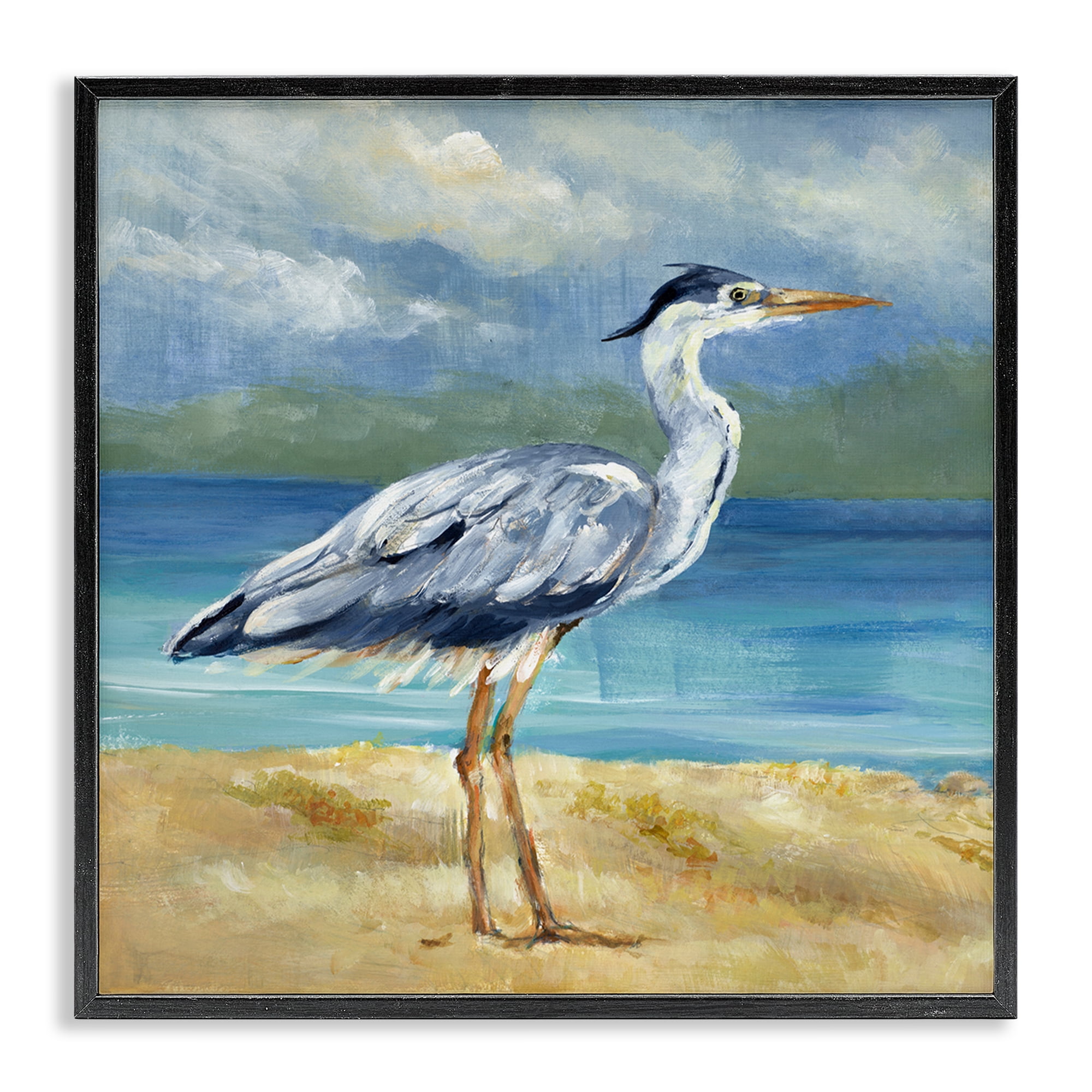 Stupell Industries Heron by the Sea Nautical & Beach Painting Black Framed Art Print Wall Art, 17 x 17