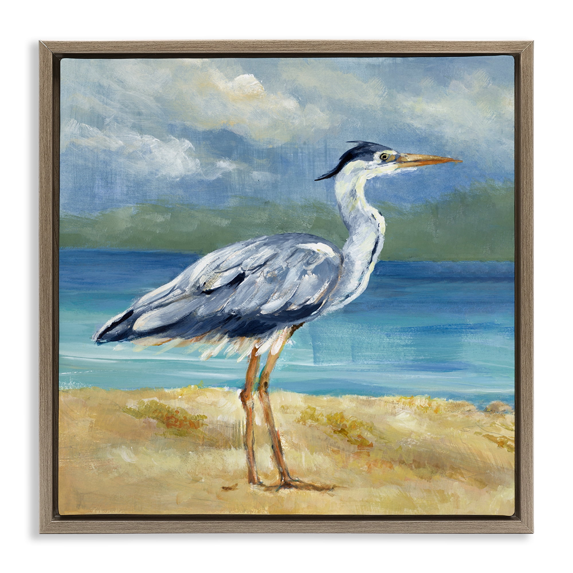Stupell Industries Heron by the Sea Nautical & Beach Painting Brown Floater Framed Canvas Art Print Wall Art, 18 x 18