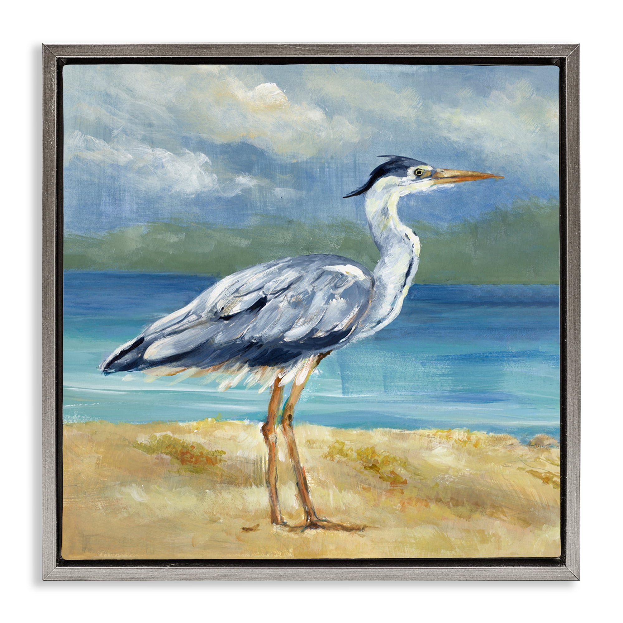 Stupell Industries Heron by the Sea Nautical & Beach Painting Gray Floater Framed Canvas Art Print Wall Art, 25 x 25