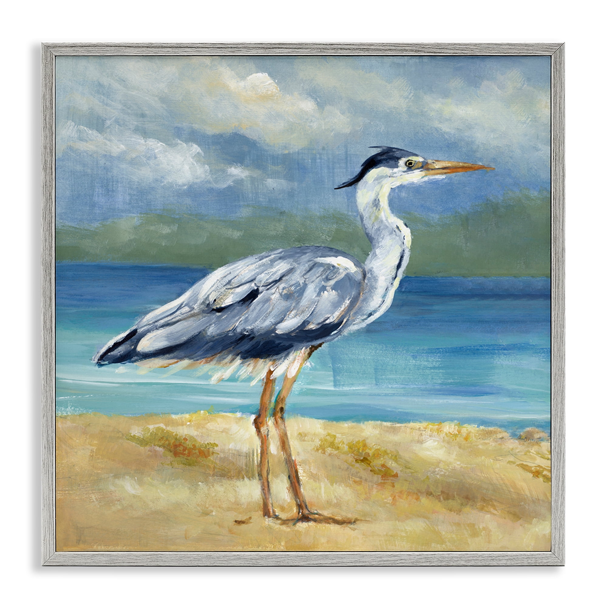 Stupell Industries Heron by the Sea Nautical & Beach Painting Gray Framed Art Print Wall Art, 12 x 12
