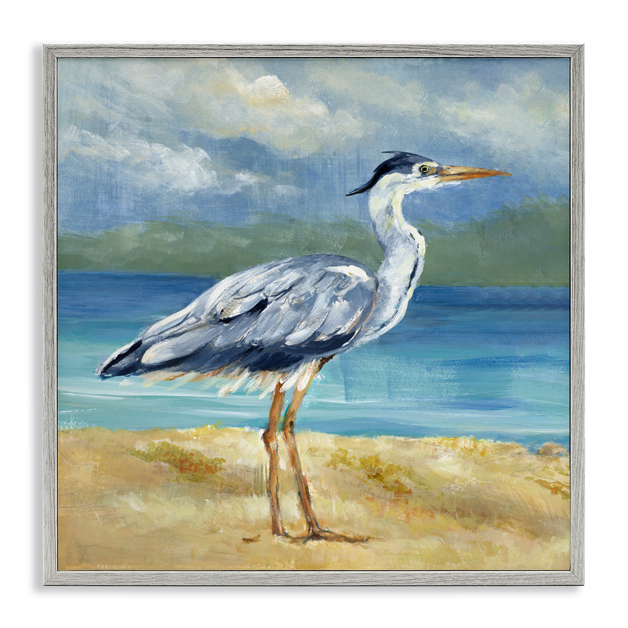 Stupell Industries Heron by the Sea Nautical & Beach Painting Gray Framed Art Print Wall Art, 24 x 24
