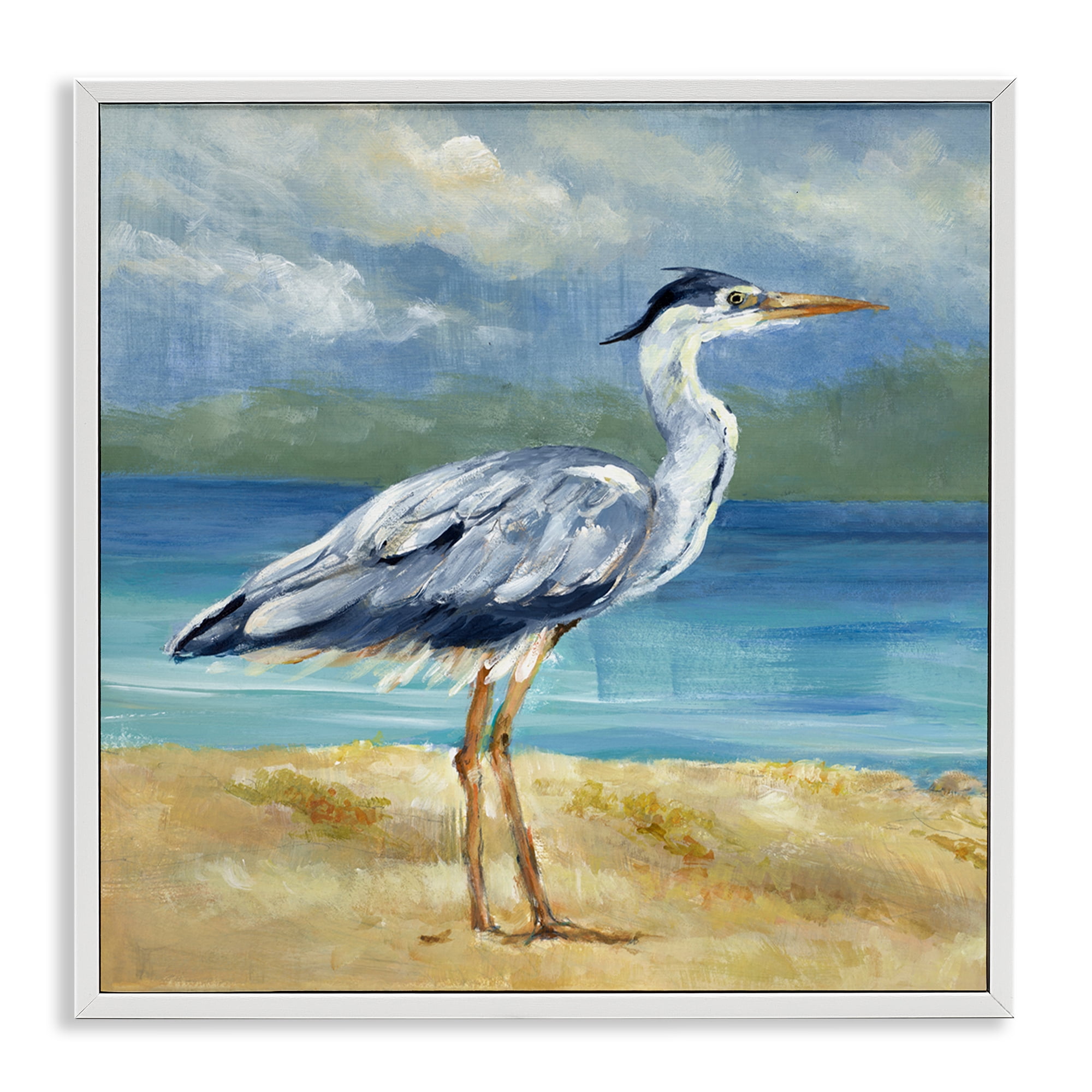 Stupell Industries Heron by the Sea Nautical & Beach Painting White Framed Art Print Wall Art, 17 x 17