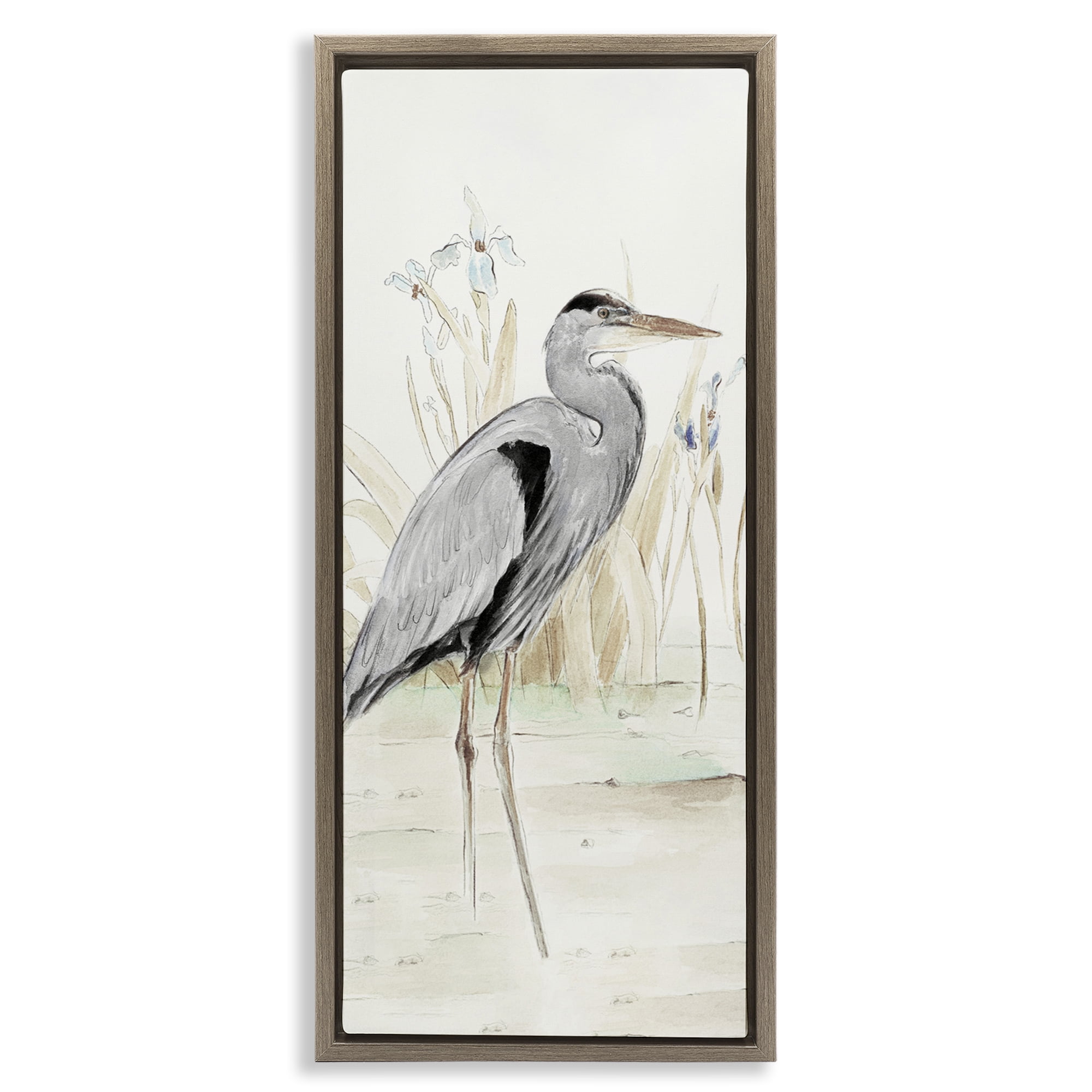 Stupell Industries Heron in Lake Drawing Animals & Insects Drawing Brown Floater Framed Canvas Art Print Wall Art, 11 x 25