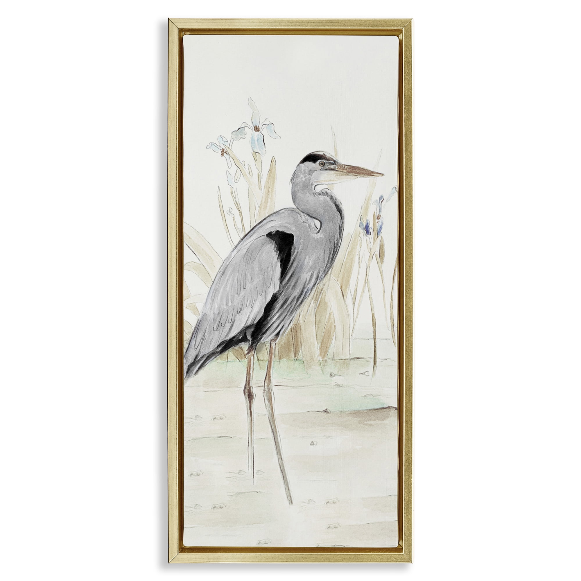 Stupell Industries Heron in Lake Drawing Animals & Insects Drawing Gold Floater Framed Canvas Art Print Wall Art, 15 x 31
