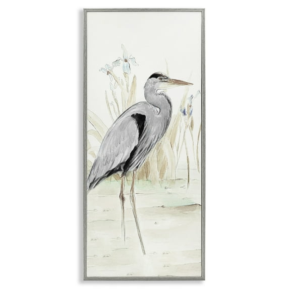 Stupell Industries Heron in Lake Drawing Animals & Insects Drawing Gray Framed Art Print Wall Art, 13 x 30