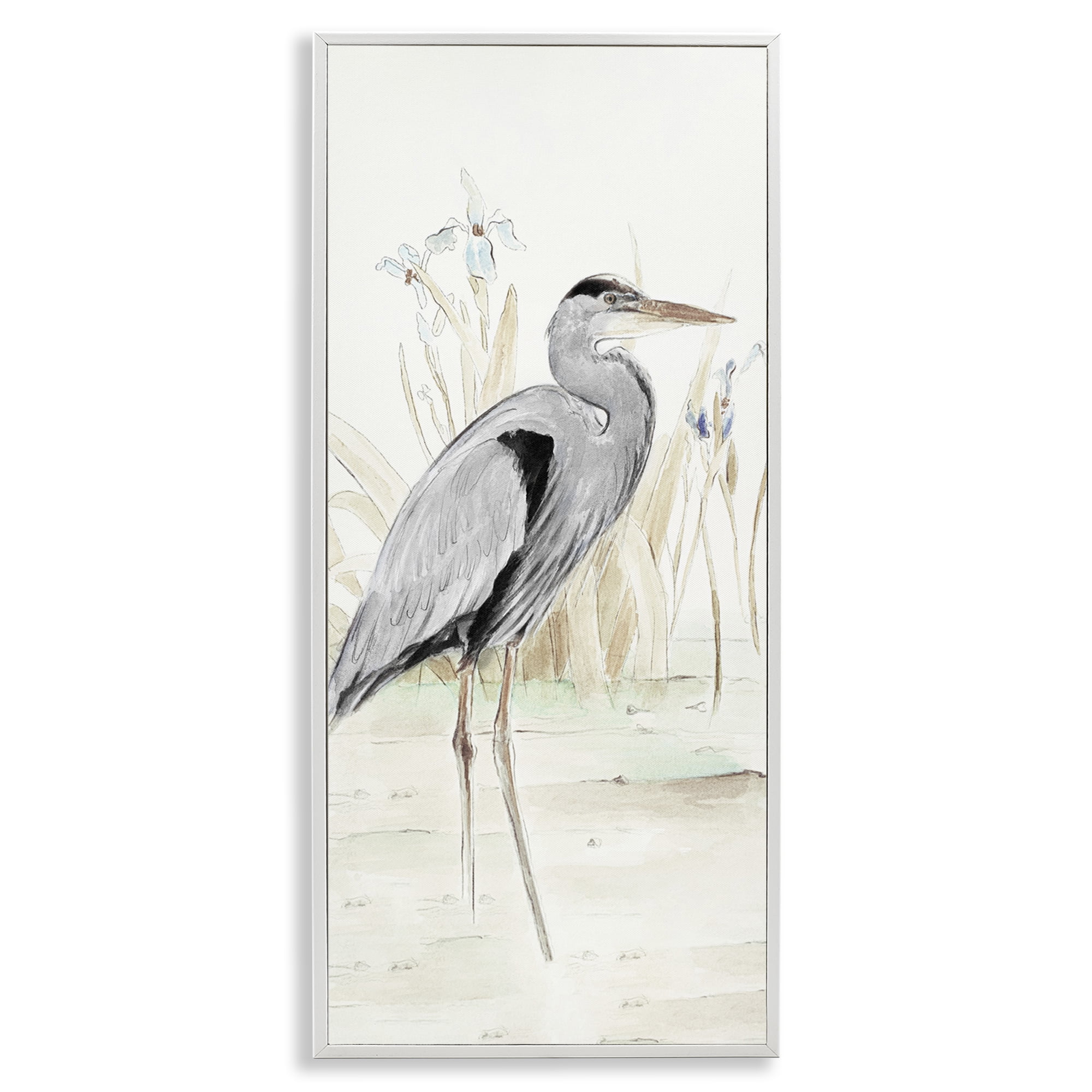 Stupell Industries Heron in Lake Drawing Animals & Insects Drawing White Framed Art Print Wall Art, 10 x 24