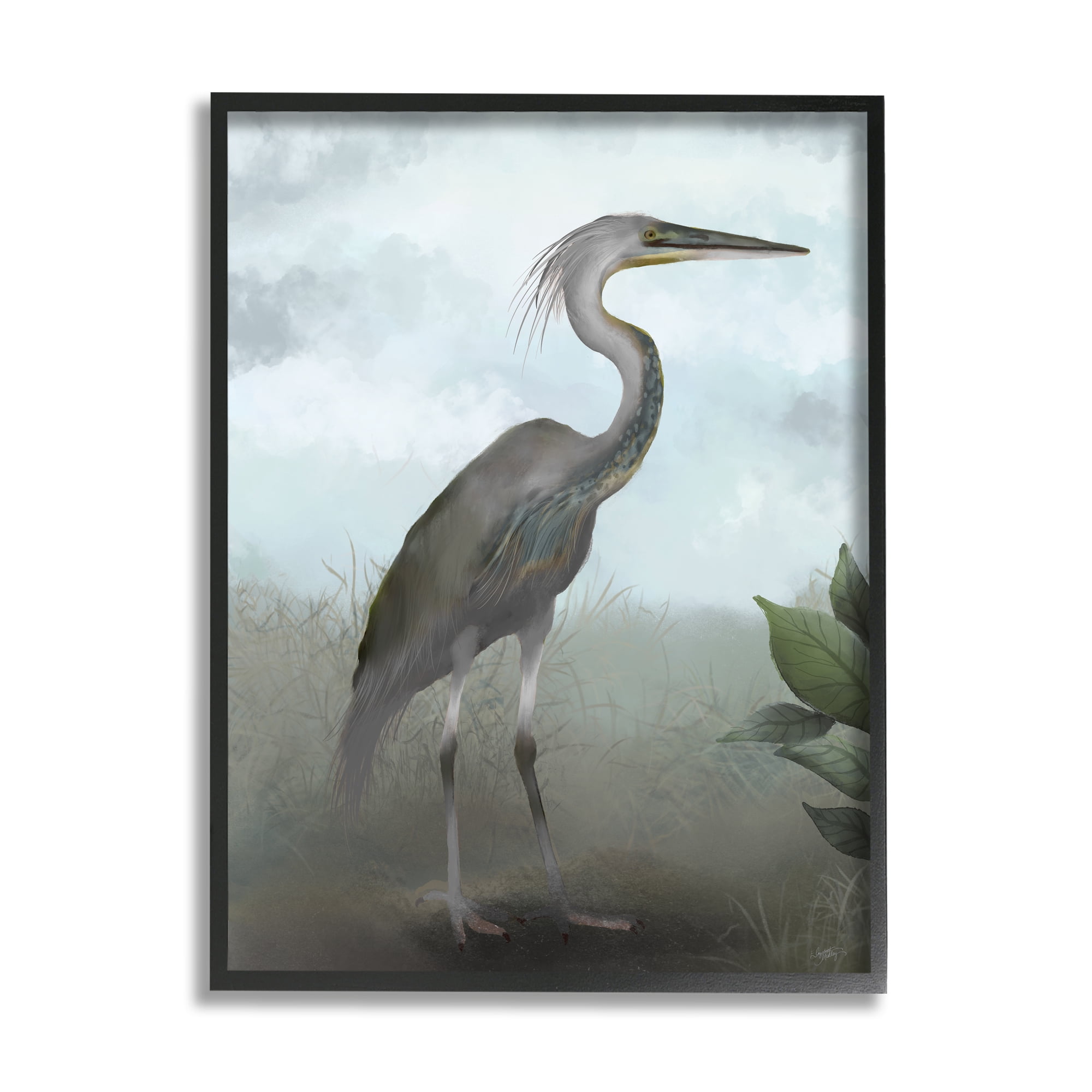 Stupell Industries Heron in Nature Study Animals & Insects Painting Black Framed Art Print Wall Art, 24 x 30