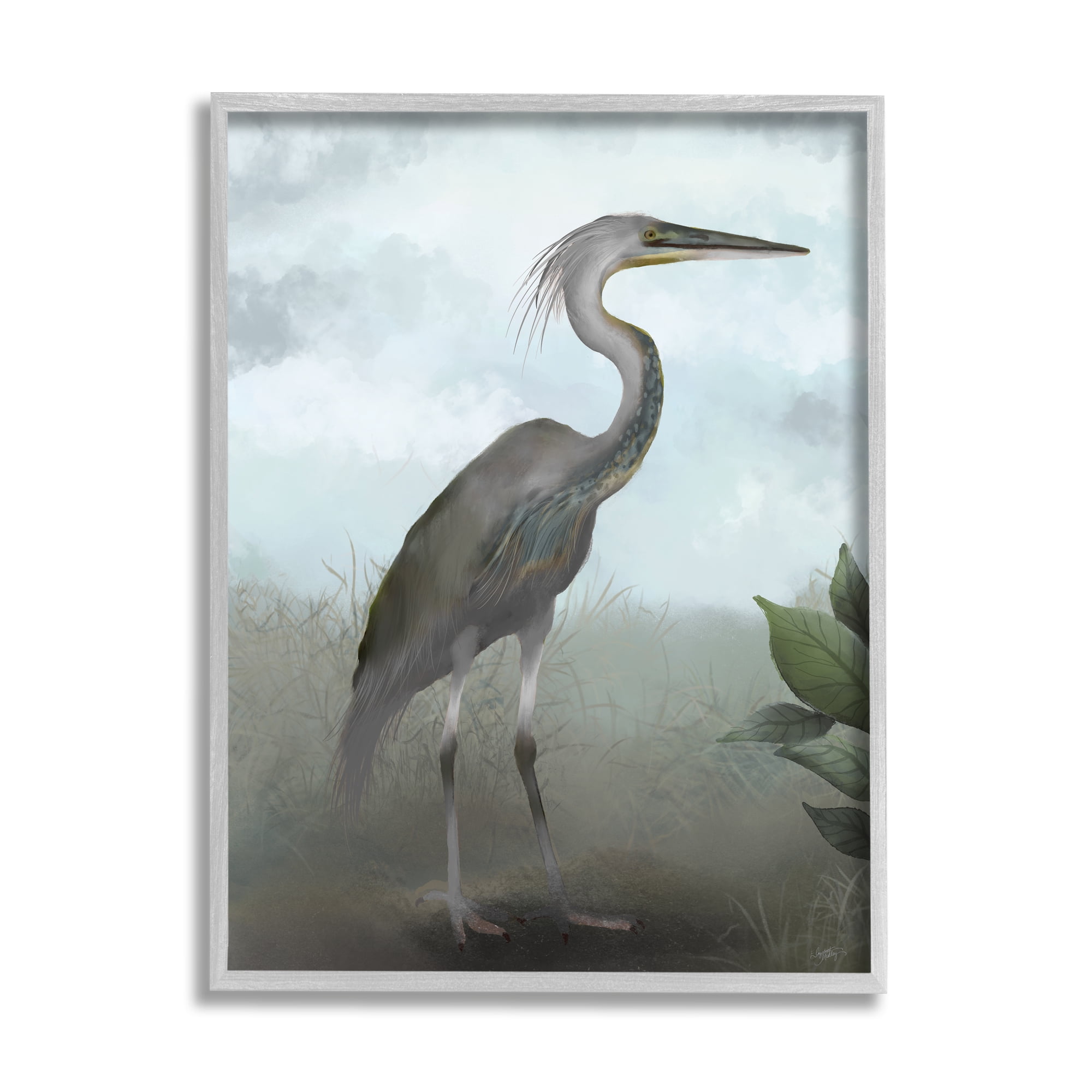 Stupell Industries Heron in Nature Study Animals & Insects Painting Gray Framed Art Print Wall Art, 11 x 14