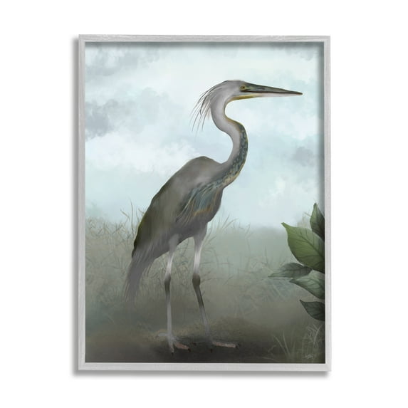Stupell Industries Heron in Nature Study Animals & Insects Painting Gray Framed Art Print Wall Art, 16 x 20