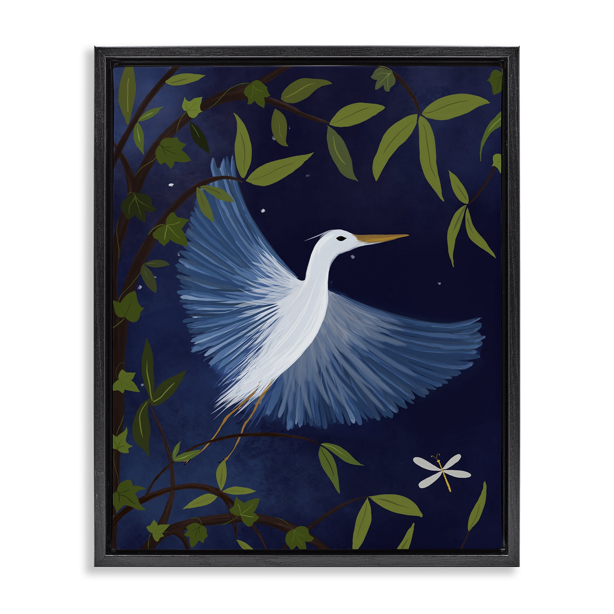 Stupell Industries Heron in Night Forest Animals Painting Black Floater Framed Canvas Art Print Wall Art, 17 x 21