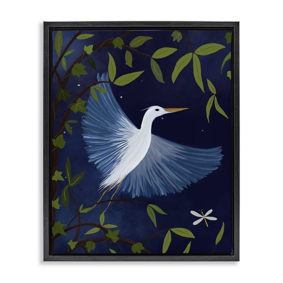 Stupell Industries Eclectic Heron in Night Forest Black Floating Frame Canvas Art, 25 x 31, by Michelle Ingari Designs
