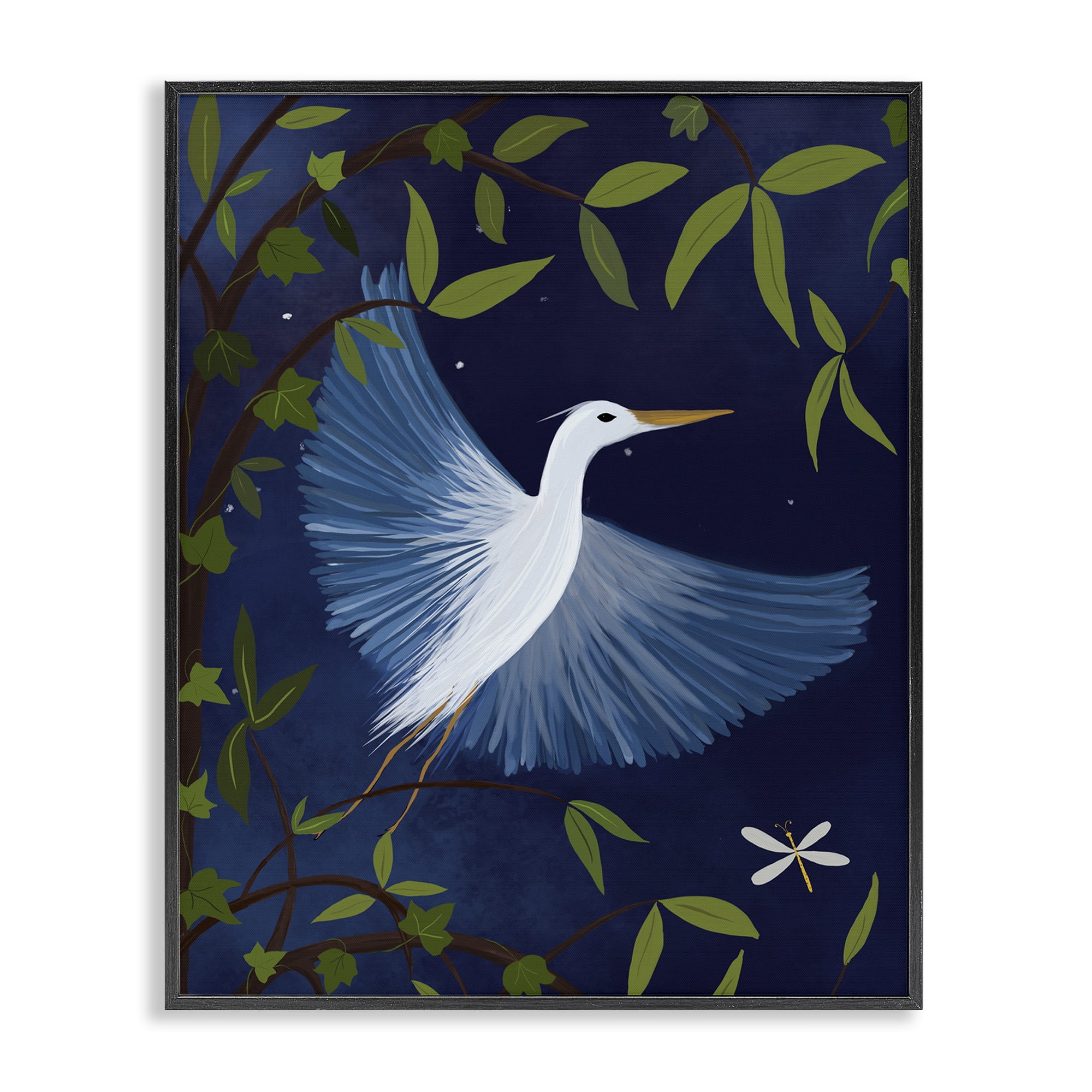 Stupell Industries Heron in Night Forest Animals Painting Black Framed Art Print Wall Art, 16 x 20